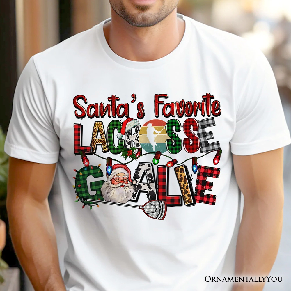 OrnamentallyYou Mens Santa's Favorite Lacrosse Goalie Plaid Christmas T-Shirt