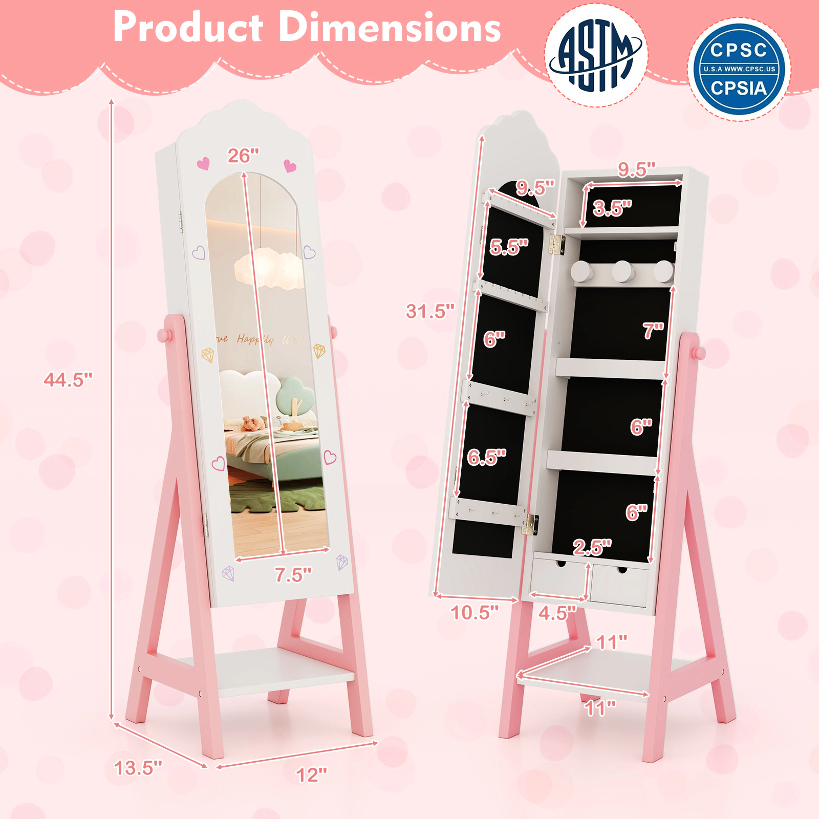 SUGIFT Kids Jewelry Organizer with Full-Length 26 x 7.5 in Mirror Cabinet Drawers and Storage Shelves Pink White