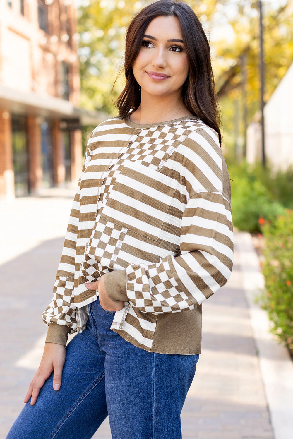 Threaded Pear Women's Fatima Patchwork Lantern Sleeve Blouse