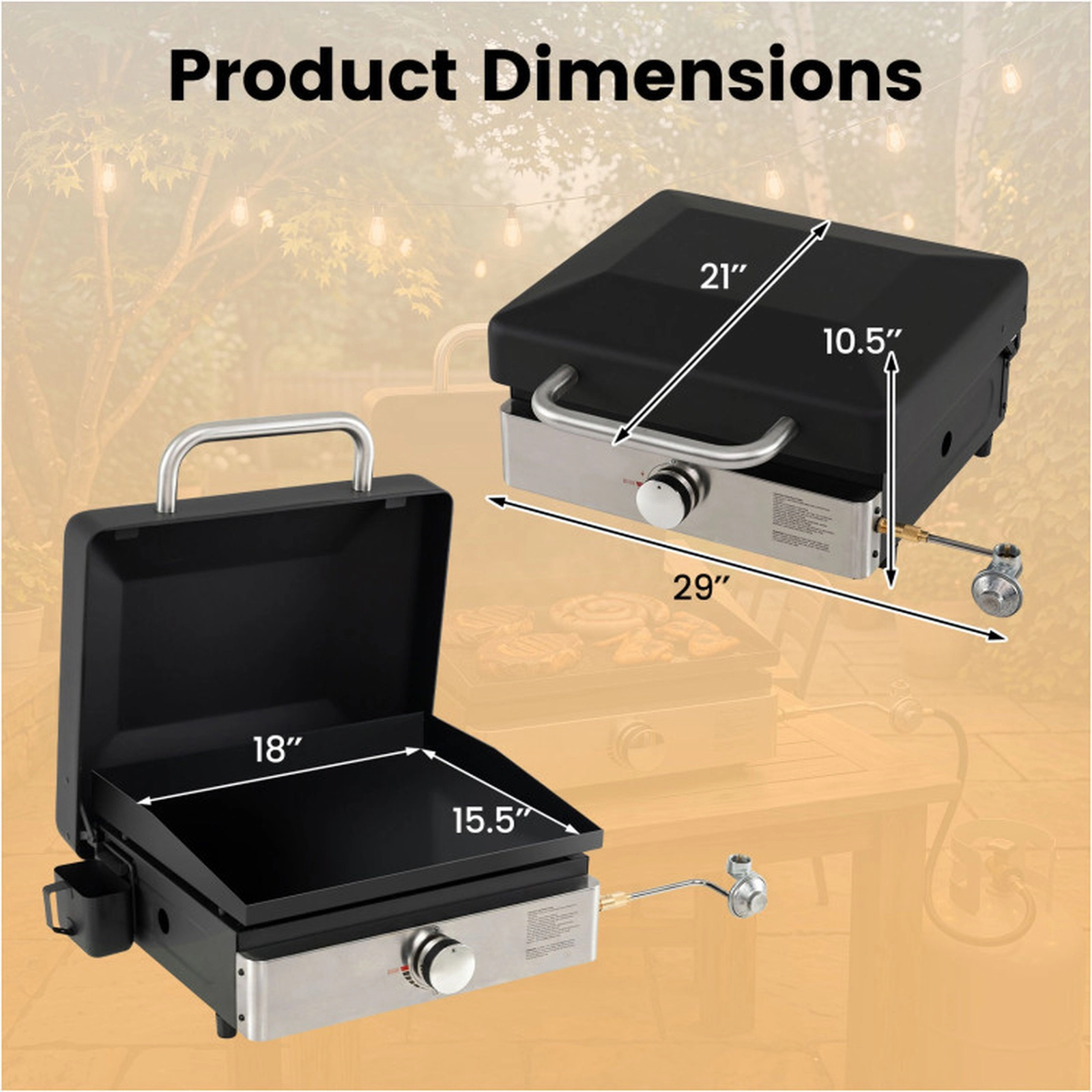 SUGIFT Portable 1-Burner Gas Griddle with Lid 12,500 BTU Ceramic Non-Stick Griddle Plate 18-in Griddle Silver+Black