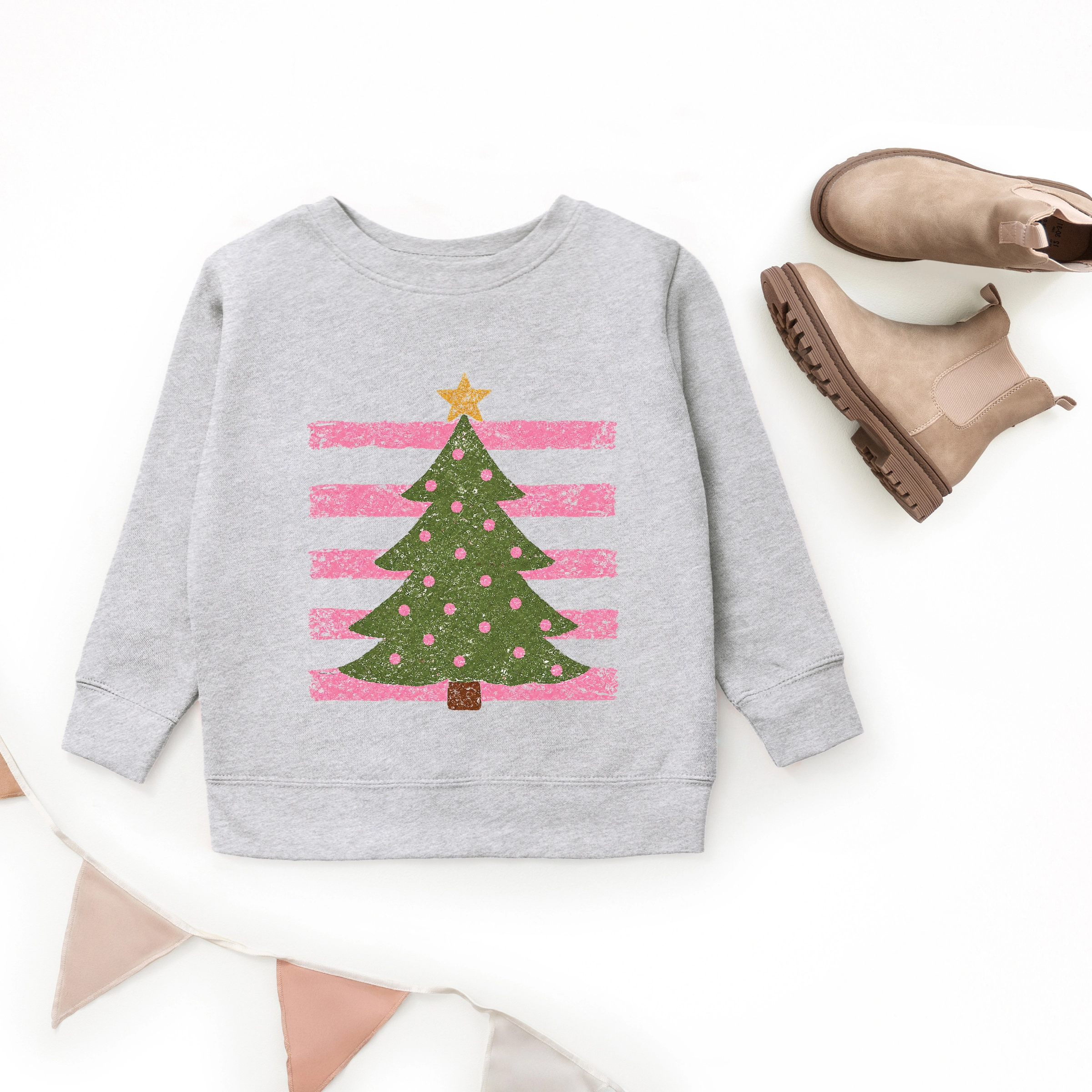 The Juniper Shop - Youth Graphic Sweatshirt Christmas Tree Pink Stripes