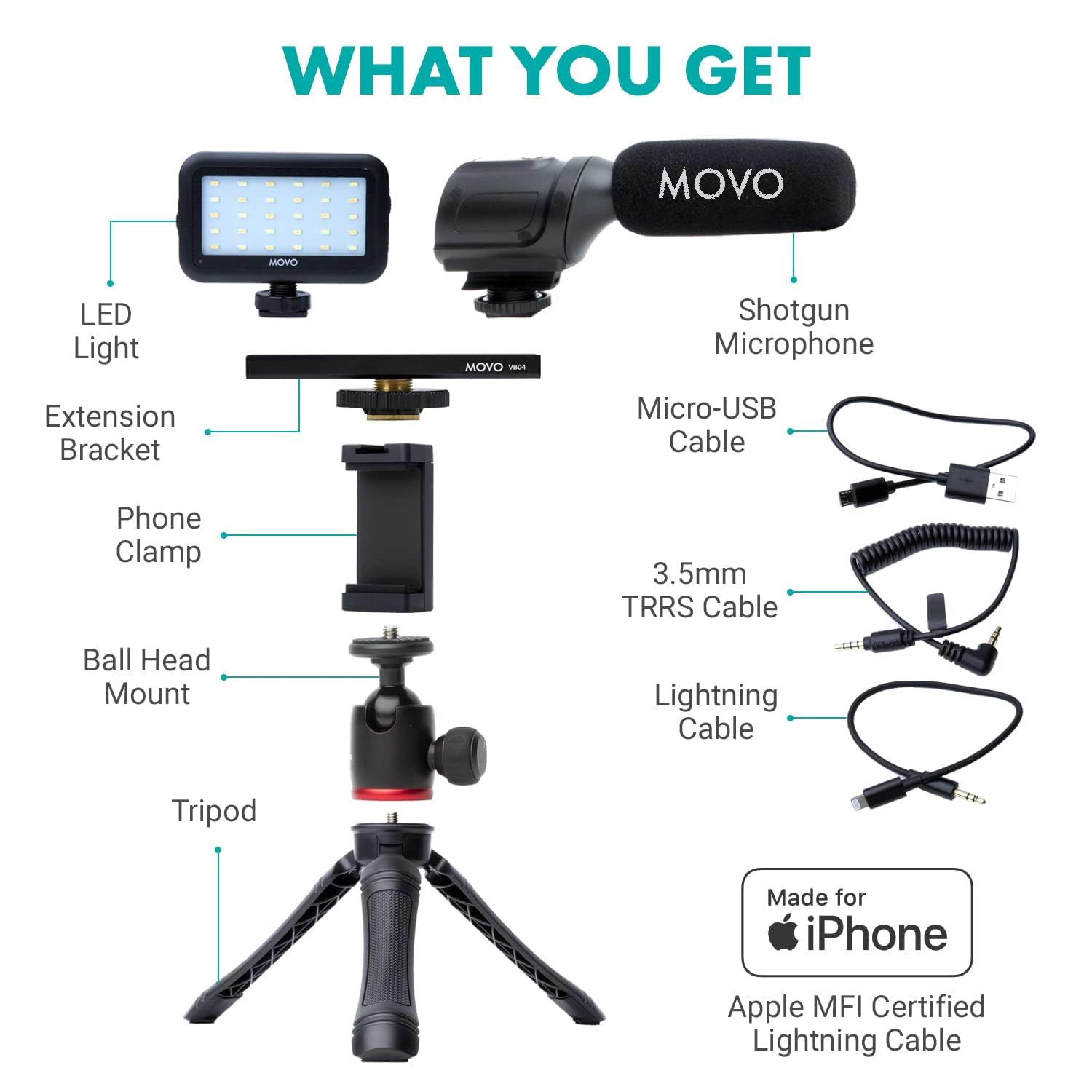 Movo iVlogger Vlogging Kit for iPhone - Lightning Compatible YouTube Starter Kit for Content Creators - Accessories
