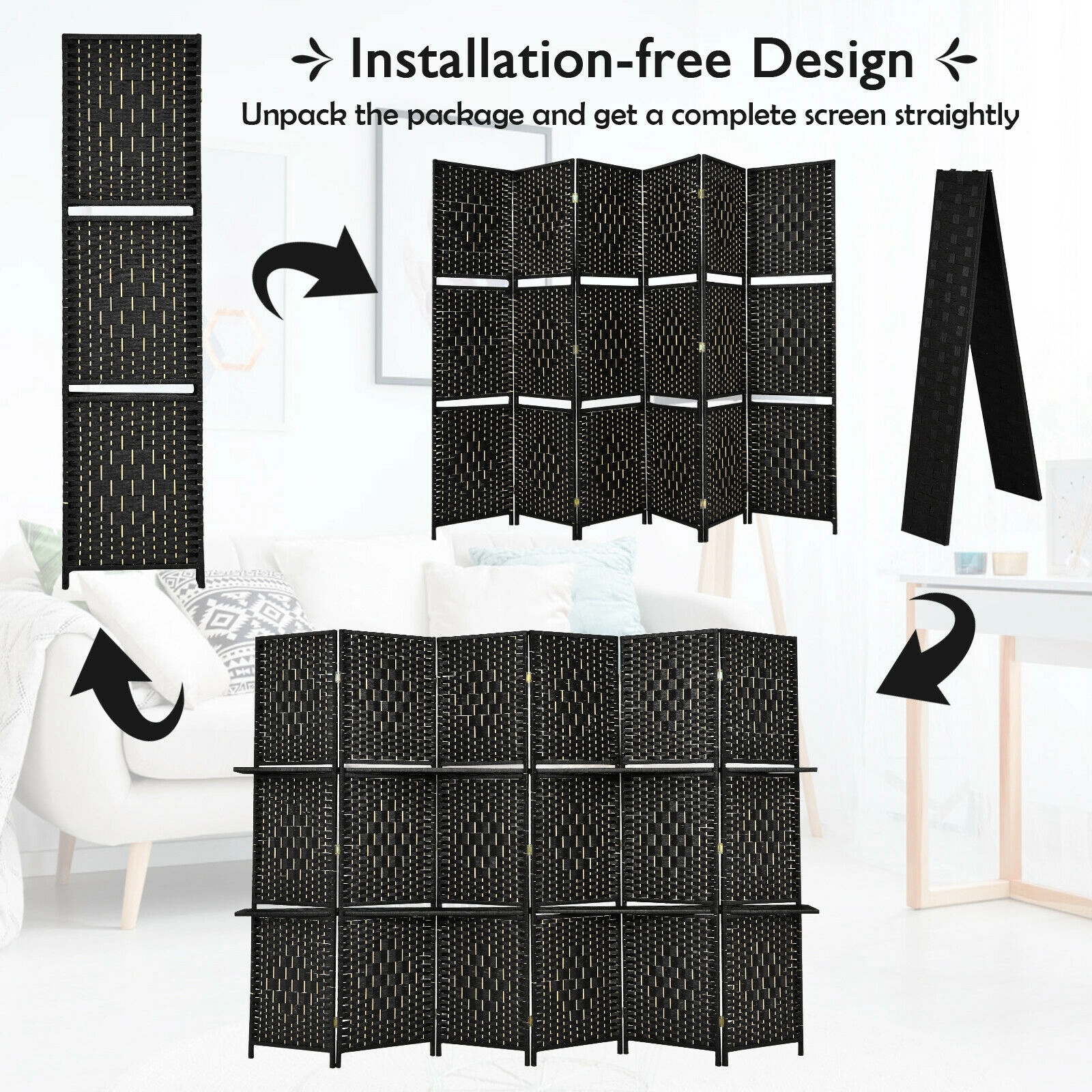 SUGIFT 6 Panel Folding Hand-Woven Fiber Room Divider with 2 Display Shelves 71-in Tall Black/Brown