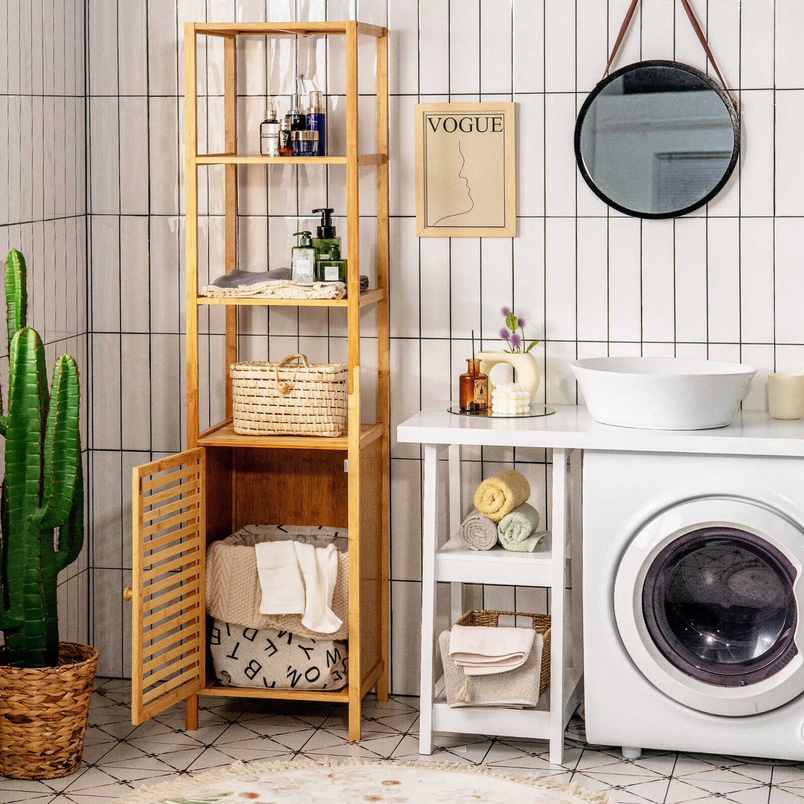 Slickblue Tall Bathroom Floor Cabinet Natural Wicker Open Shelves Shutter Door Storage