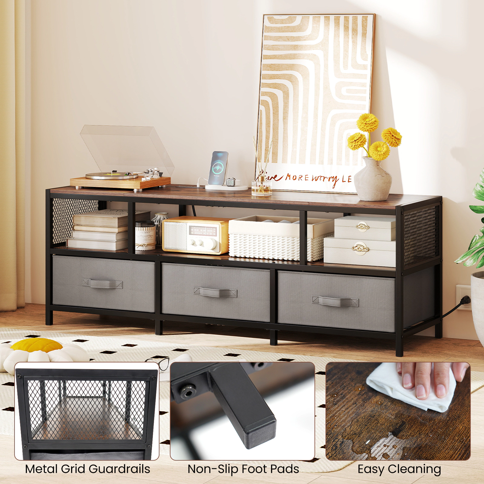 SUGIFT 55-in TV Stand with 3-Tier Storage and Charging Station for TVs up to 65 in 100-lb Tabletop Capacity Rustic Brown