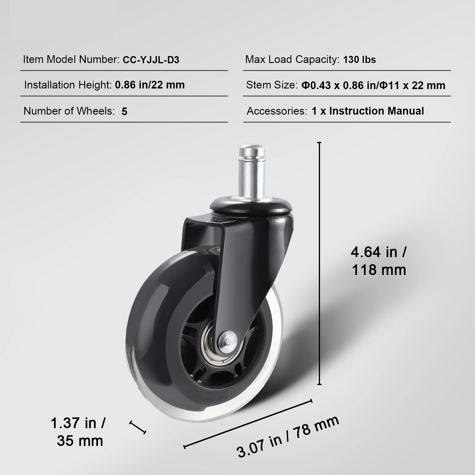 HONGGE 3-Inch Office Chair Caster Wheels, Set of 5, Polyurethane Swivel Casters, 130 lbs Capacity, Hardwood & Carpet
