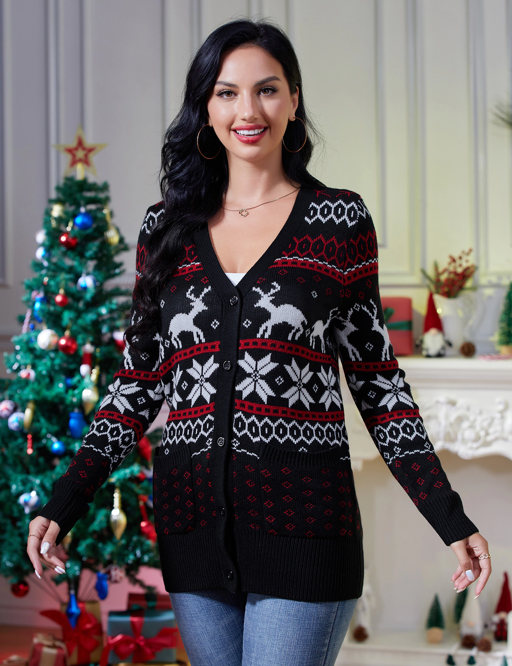 KOJOOIN Women's Cardigan V-Neck Knit Sweater with Snowflake Reindeer Pattern Casual Holiday Top