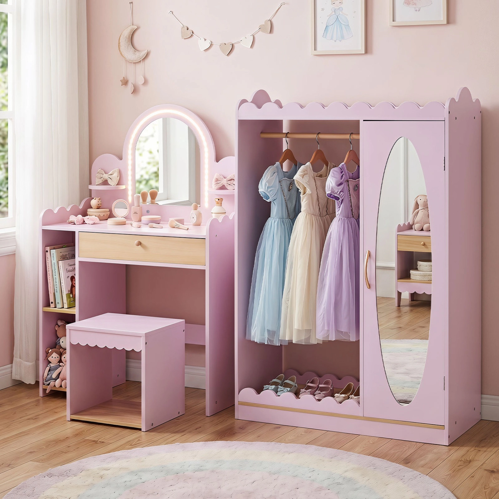 SUGIFT Pink 3 Lighting Modes 2 Shelves Storage Compartments and Stool Kids Vanity Table Set