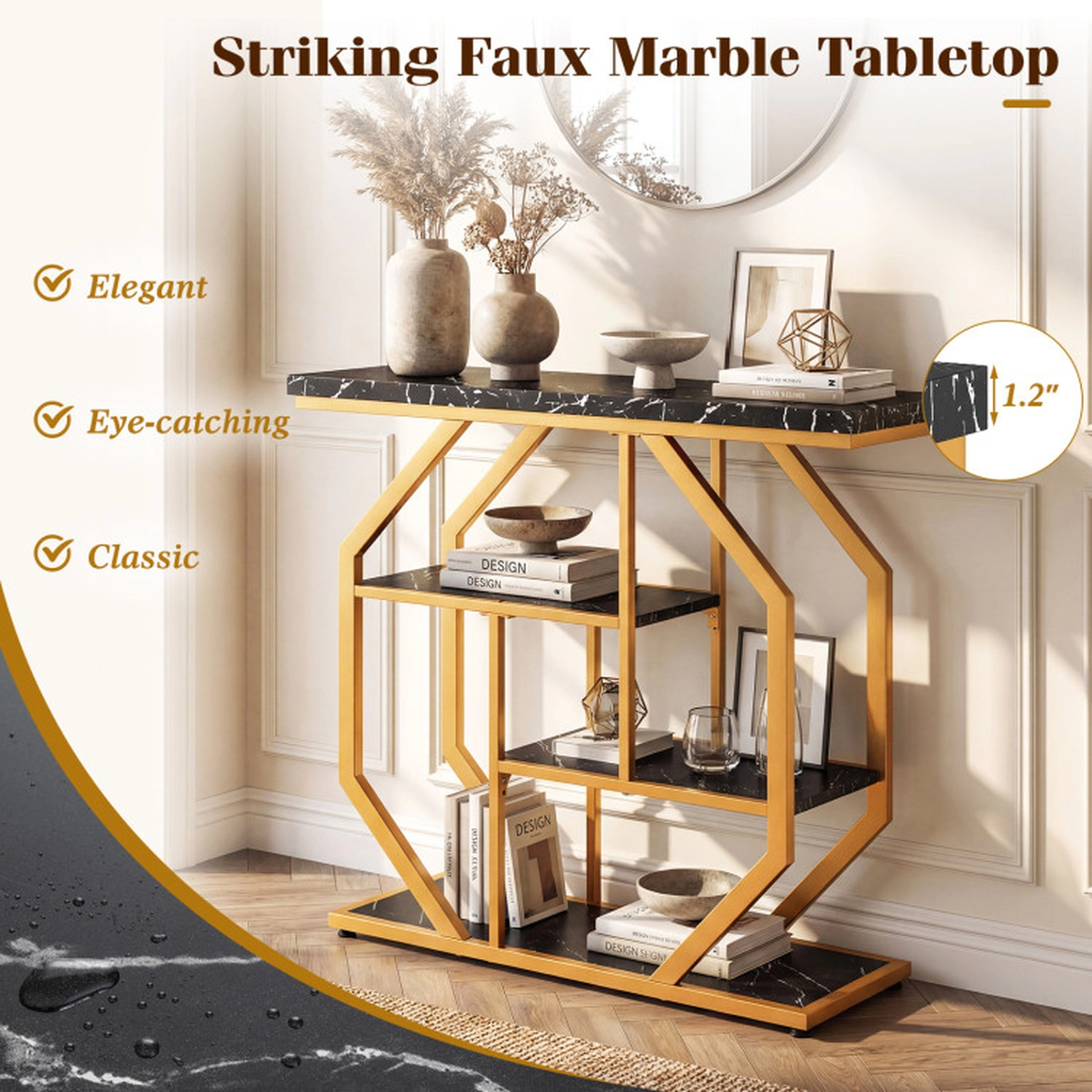 SUGIFT 4-Tier Console Sofa Table with Faux Marble Tabletop 110-lb Tabletop Capacity Black & Gold
