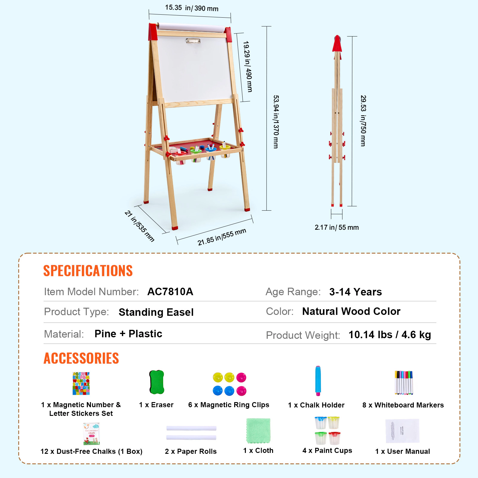 HONGGE Art Easel for Kids, 3-in-1 Wooden Double-Sided Kid's Art Easel with Magnetic Whiteboard, Chalkboard, Paper Roll