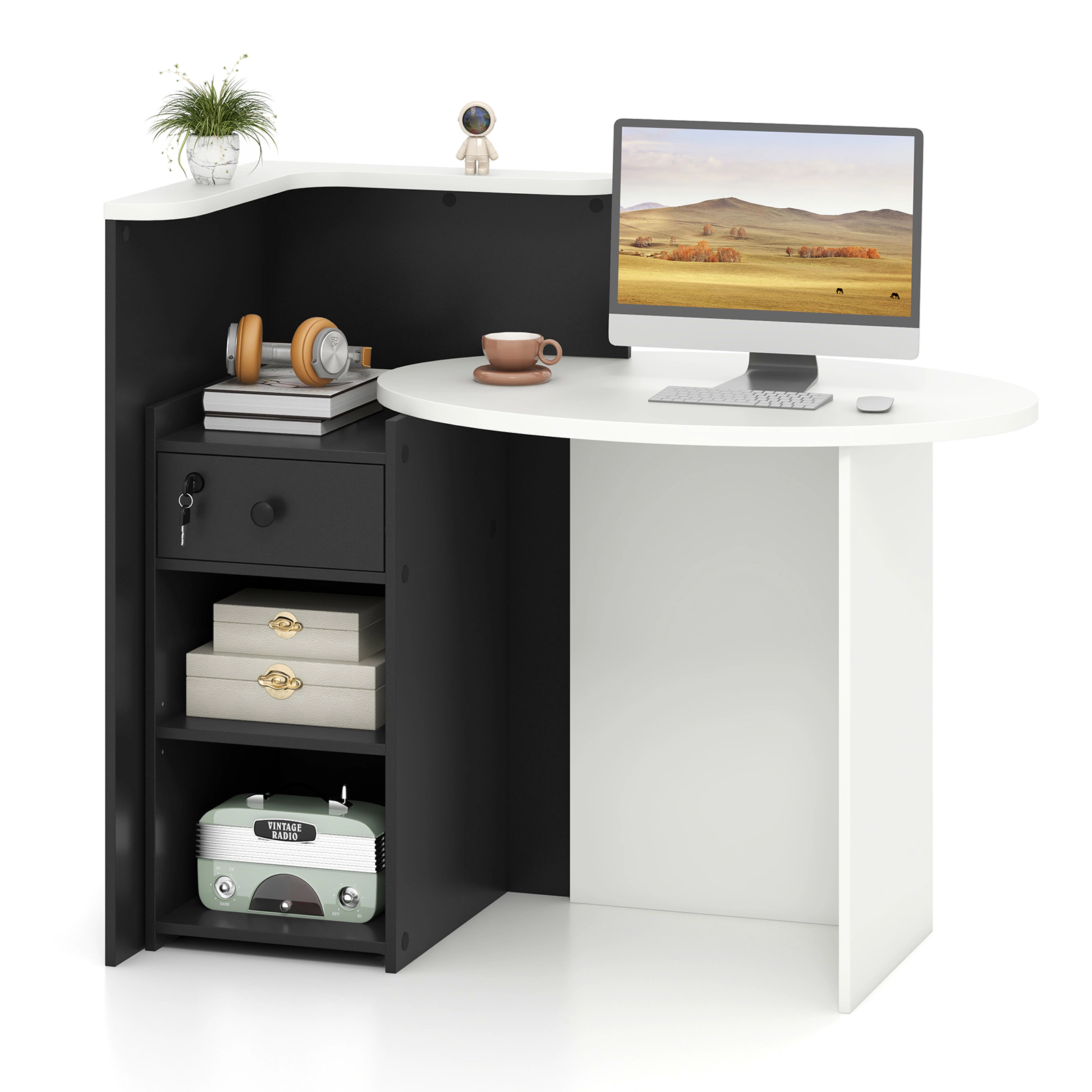 SUGIFT 48 in Reception Desk Black with Raised Counter Open Shelf and Lockable Drawer