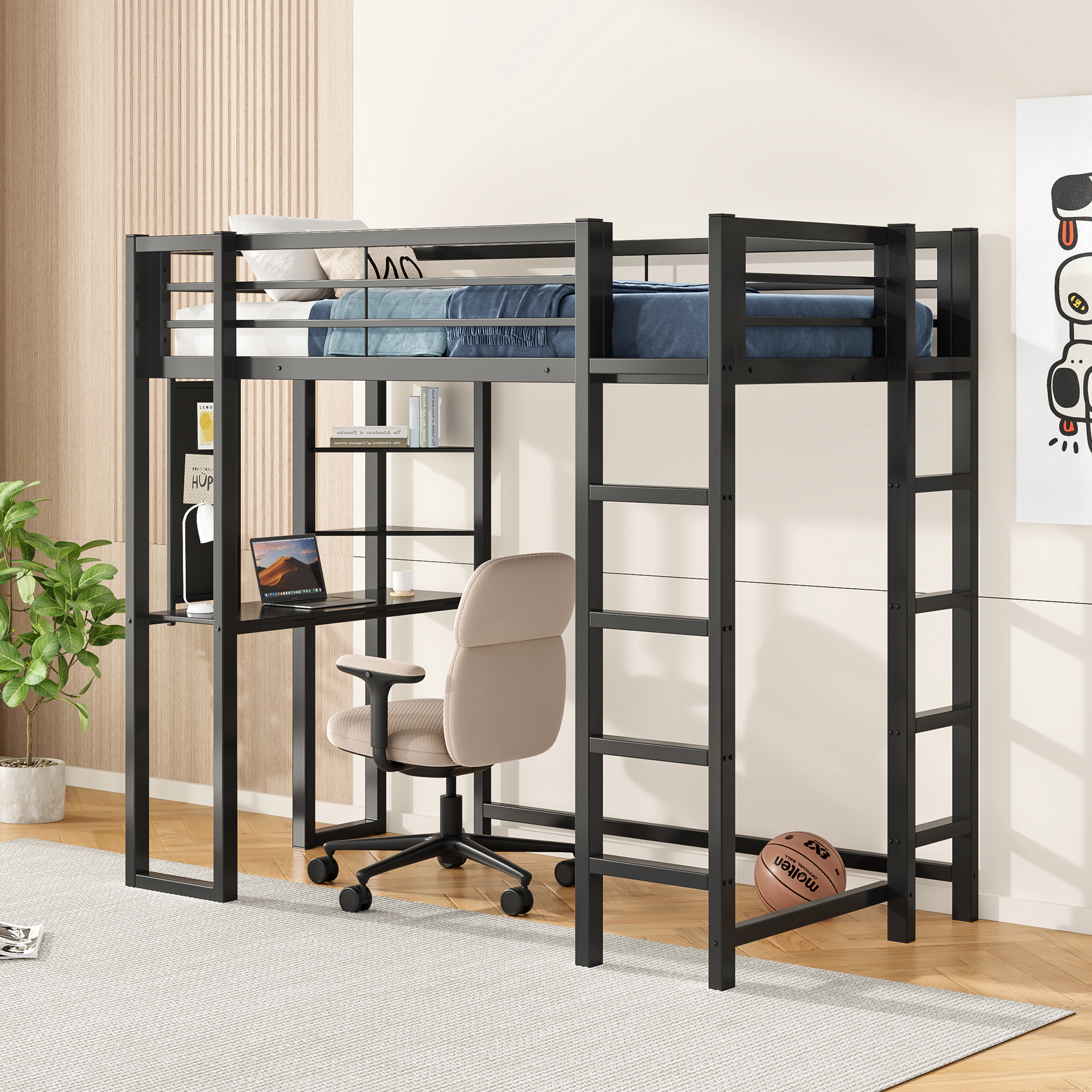 Flynama Twin Metal Loft Bed with Desk & Storage, Black, for Kids & Teens