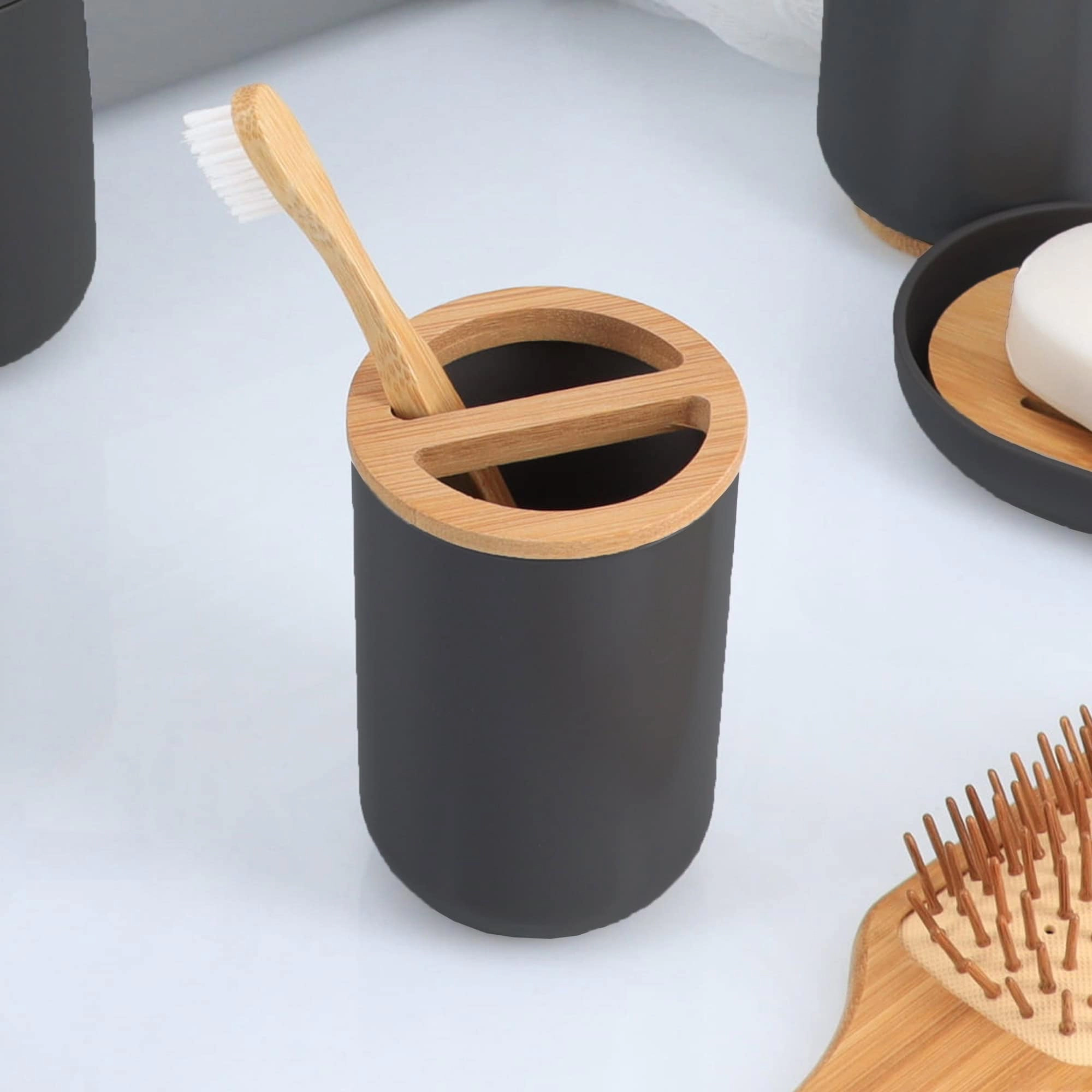 Evideco Padang Bamboo Top Toothbrush Holder - 10 oz Polystyrene Toothpaste & Brush Organizer