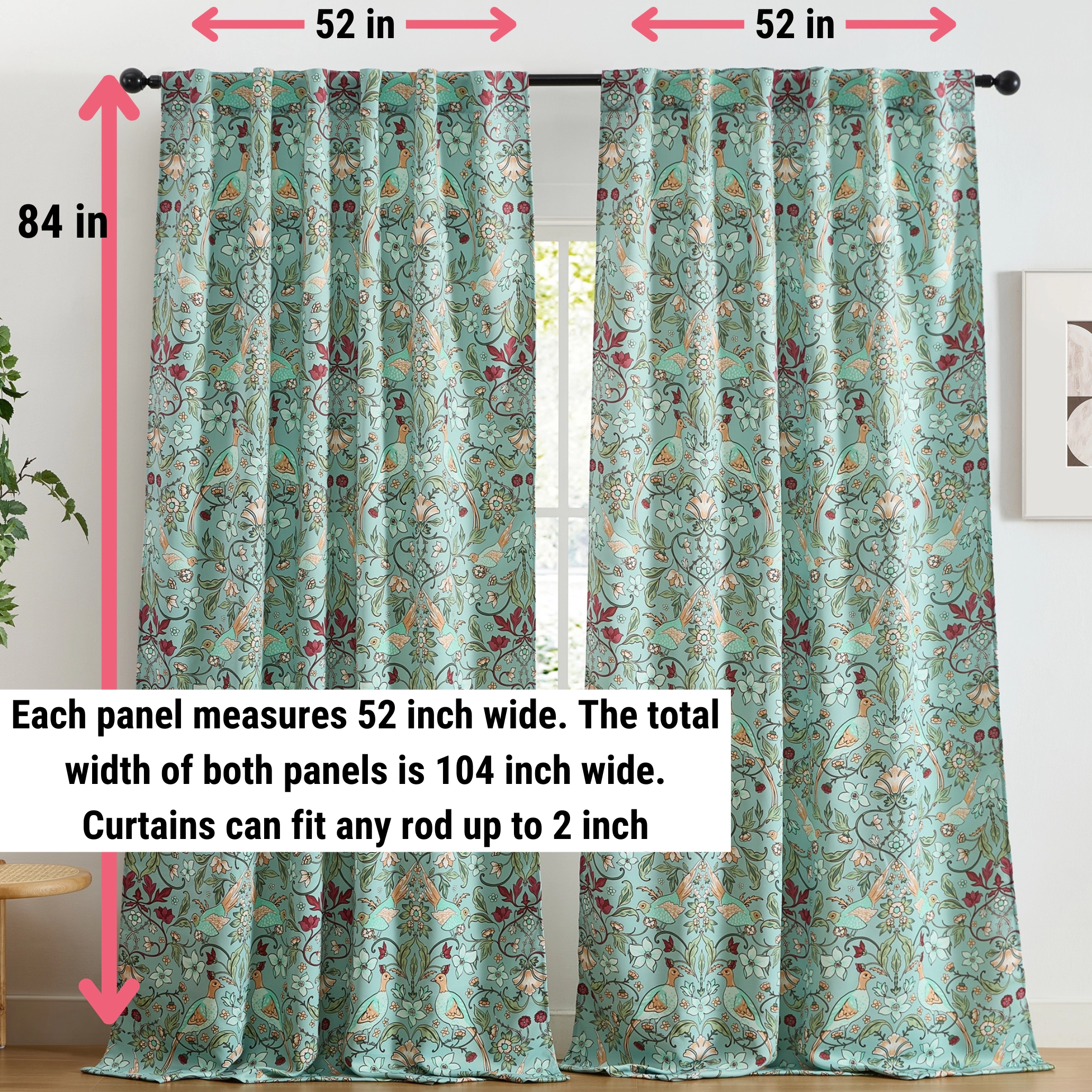 HLC.ME Florence Floral & Birds Patterned Window Back Tab Rod Pocket - Light Blocking Darkening Curtains, Set of 2