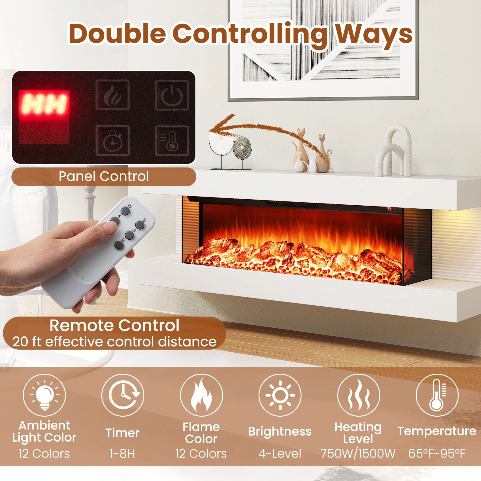 SlickBlue 36 Inch Electric Fireplace with LED Flames and Remote