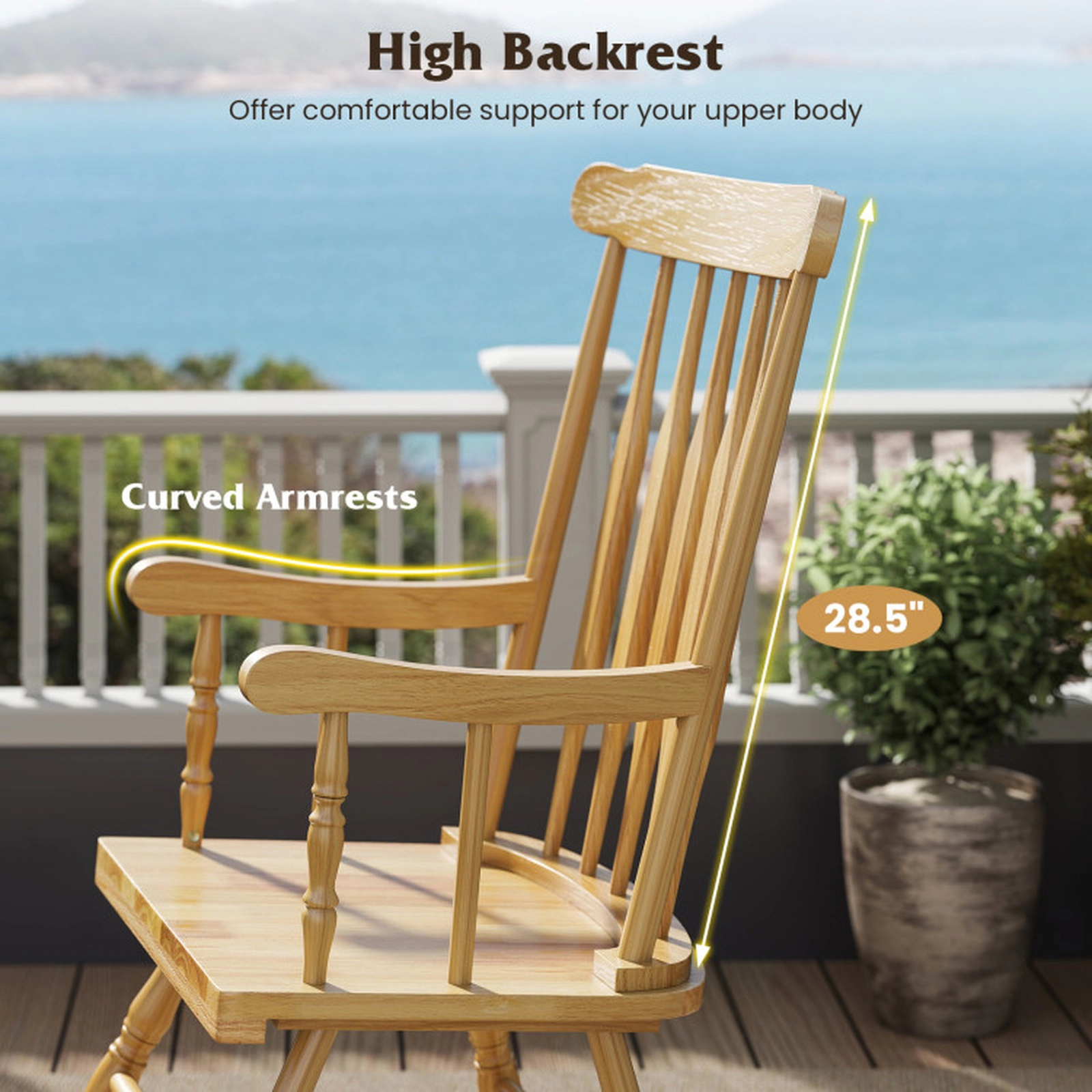 SUGIFT Contoured Slatted Back Rocking Chair 300-lb Capacity Natural