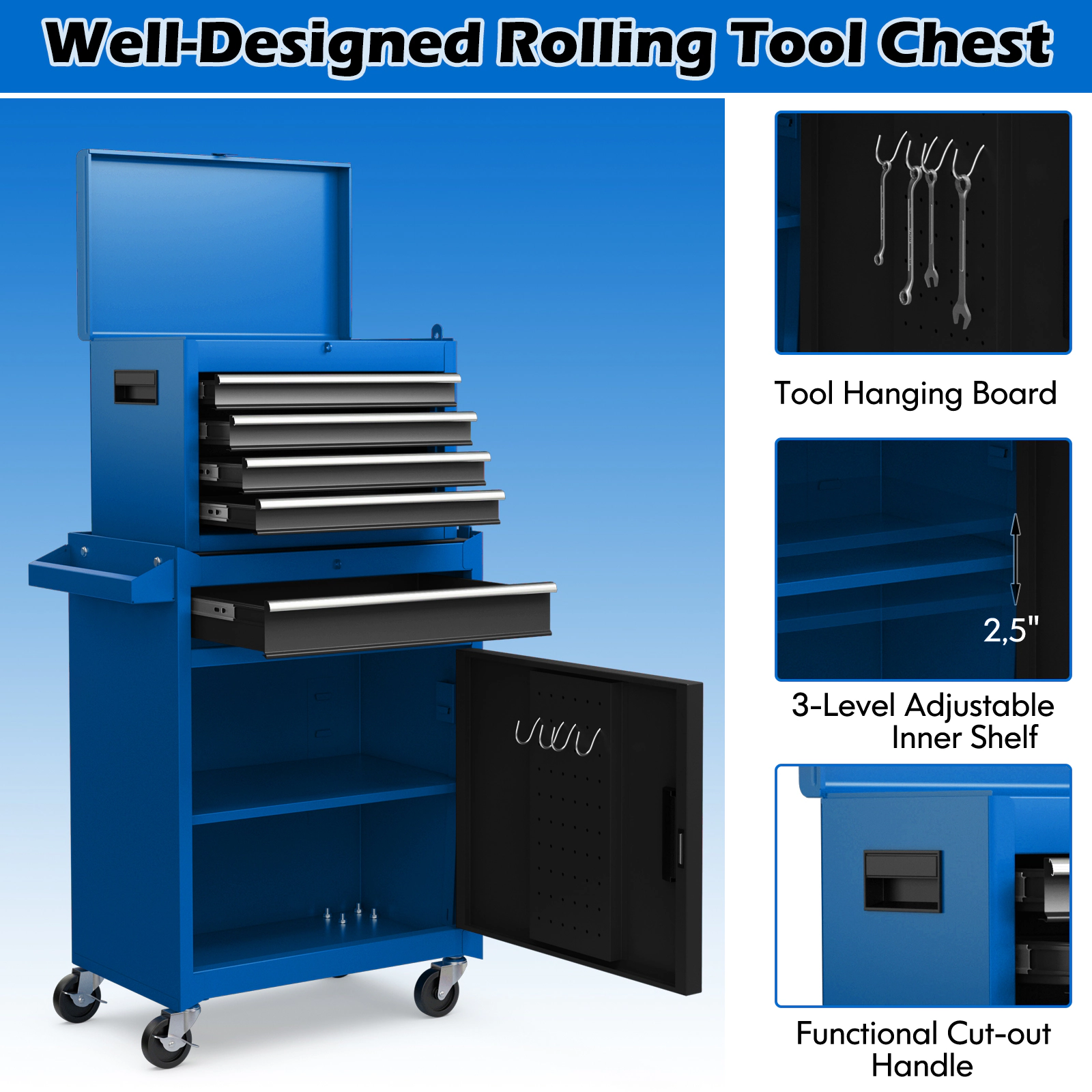 SUGIFT 2-in-1 Rolling Steel Tool Chest with 5 Sliding Lockable Drawers 40.5-in Tall 220.5-lb Capacity Navy