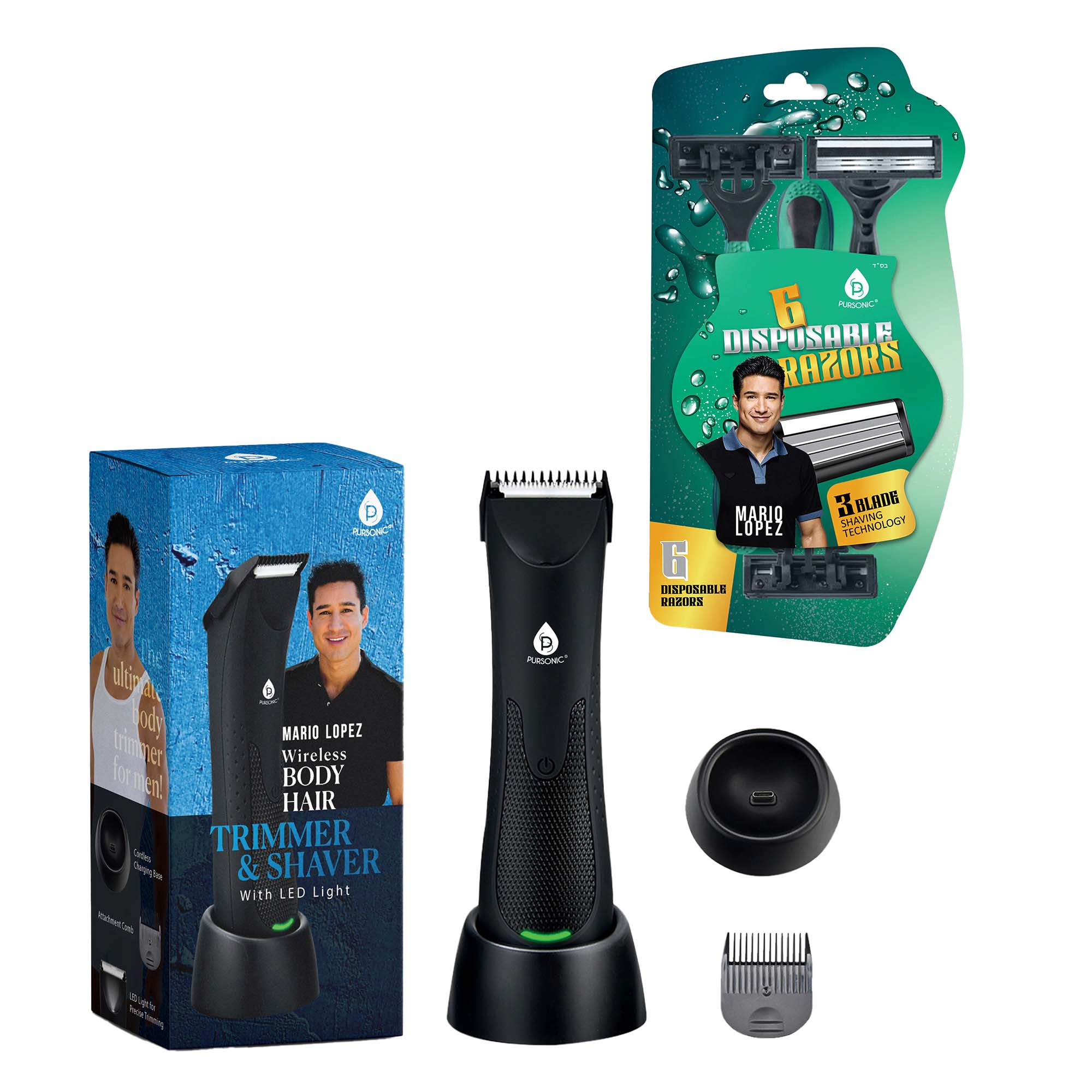 Pursonic Men's Grooming Essentials Wireless Body Hair Trimmer & Shaver with 3-Blade Disposable Razors Bundle