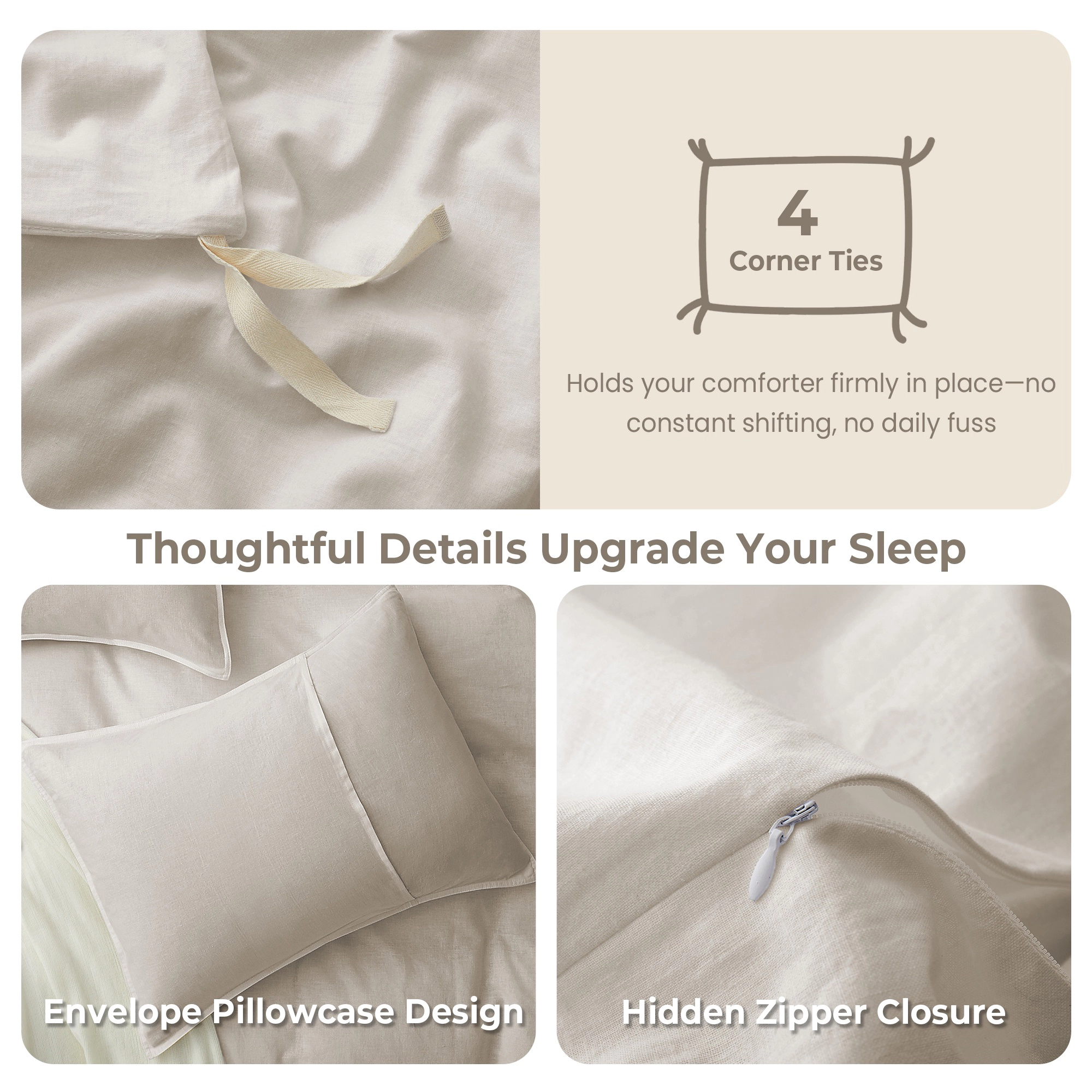 PEACENEST Linen Cotton Blend Duvet Cover Set, Breathable Lightweight Bedding Set