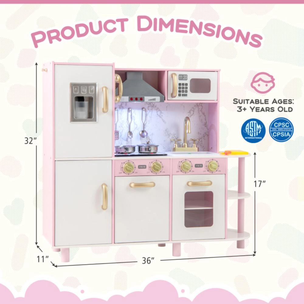 Hivvago Wooden Kitchen Playset with Ice Maker and Sounds for Ages 3+-Pink