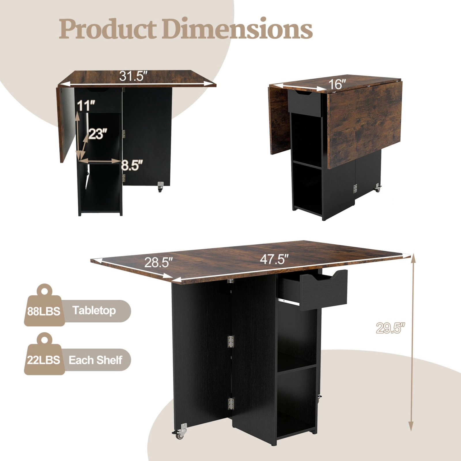SUGIFT 47.5-Inch Rustic Brown Extendable Dining Table and Rolling Console with Drawer