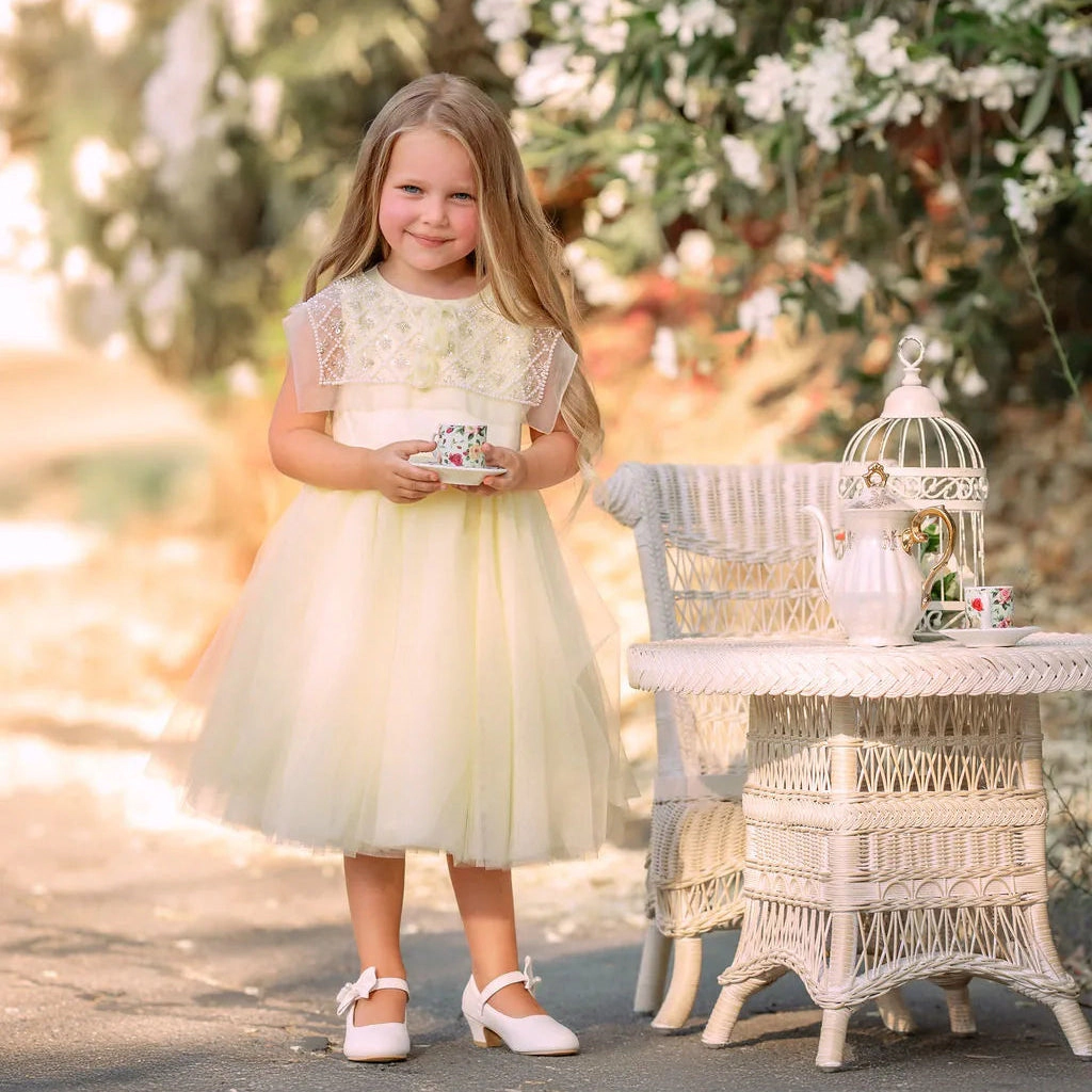 Faeella Buttercream Belle Pearl Capelet Flower Girl Dress