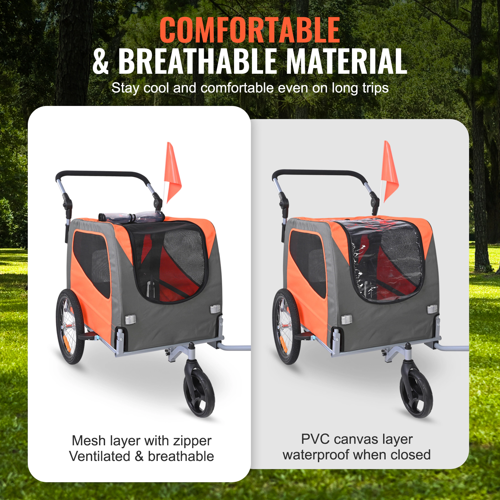 HONGGE 2-in-1 Dog Bike Trailer & Stroller, 66 lb Capacity, Adjustable Handle, Orange/Gray