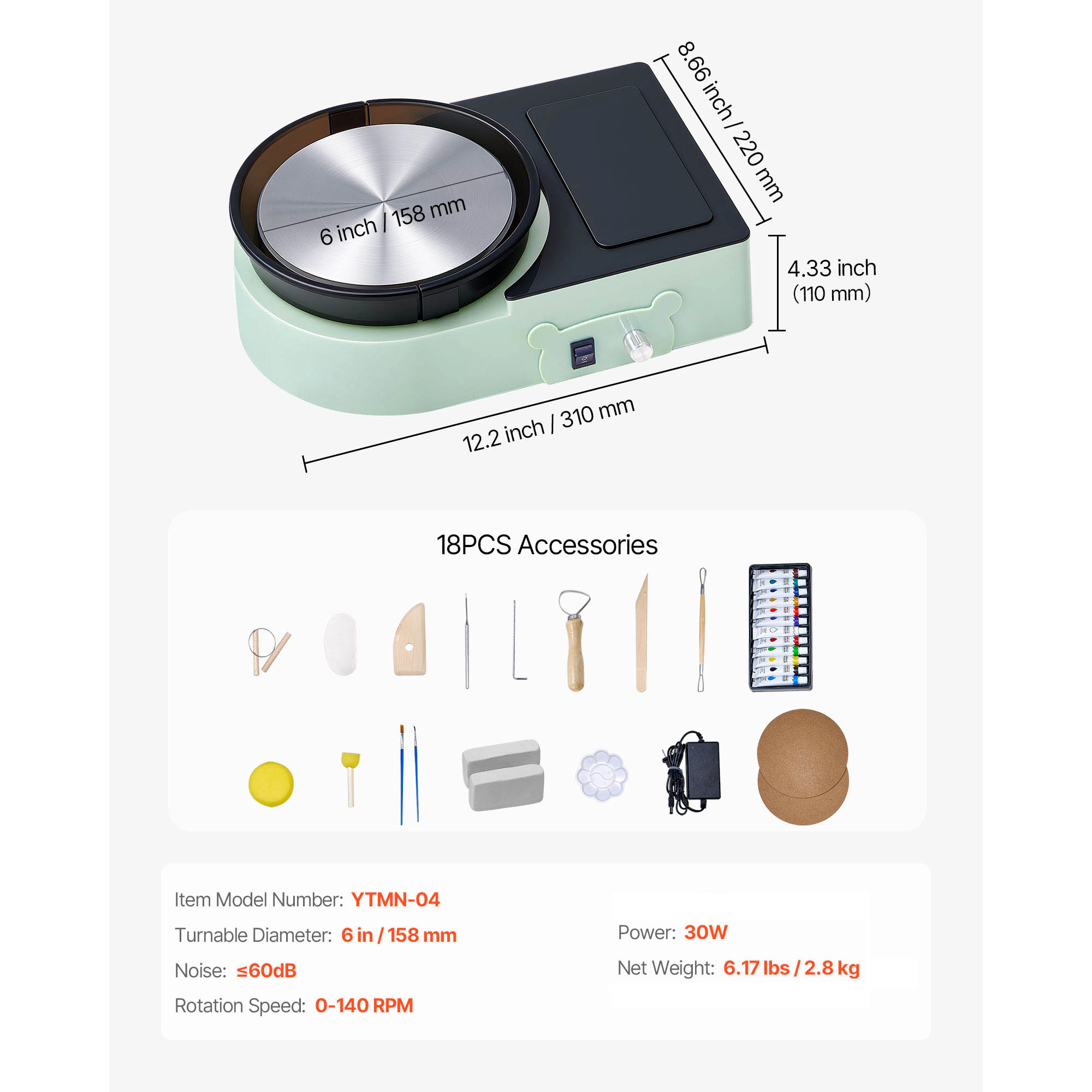 HONGGE Mini Pottery Wheel 6 inch Turntable Forward and Reverse Rotation Adjustable Speed Electric Clay for Kids