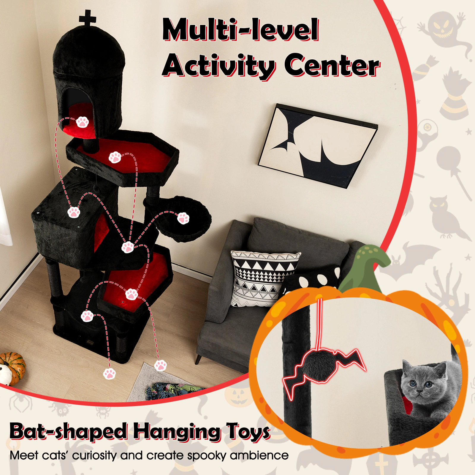 SUGIFT Gothic Cat Tree with 2 Cat Condos Coffin Beds Hammock 83-in Tall 22-lb Layers 11-lb Hammock Black & Red