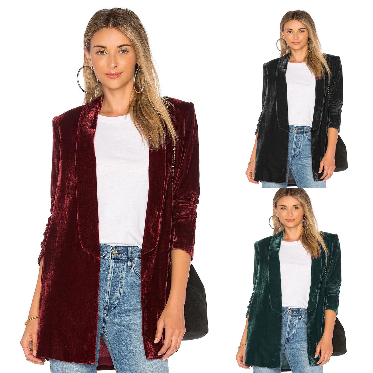 KOJOOIN Women's Velvet Open Front Blazer Jacket Shawl Lapel Mid‑Length Dressy Outerwear Party Suits
