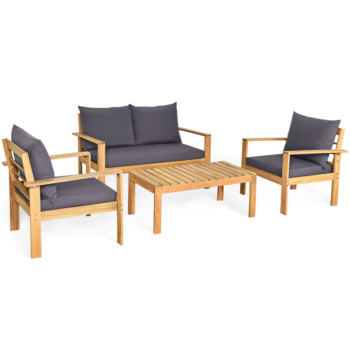 LJG 4 Pieces Patio Acacia Wood Thick Cushion Loveseat Sofa Set