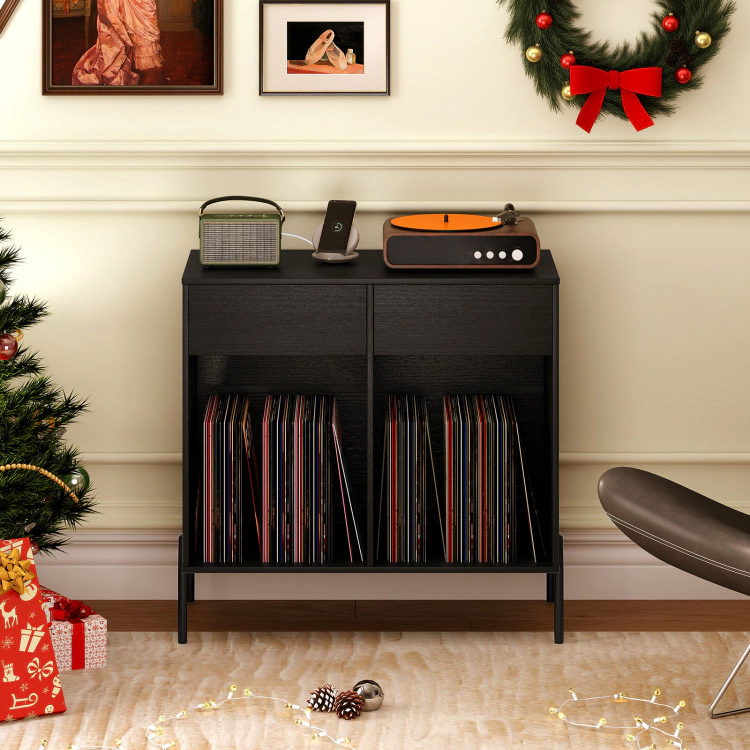 Hivvago Double-Wide Turntable Stand with Power Outlets and Vinyl Storage