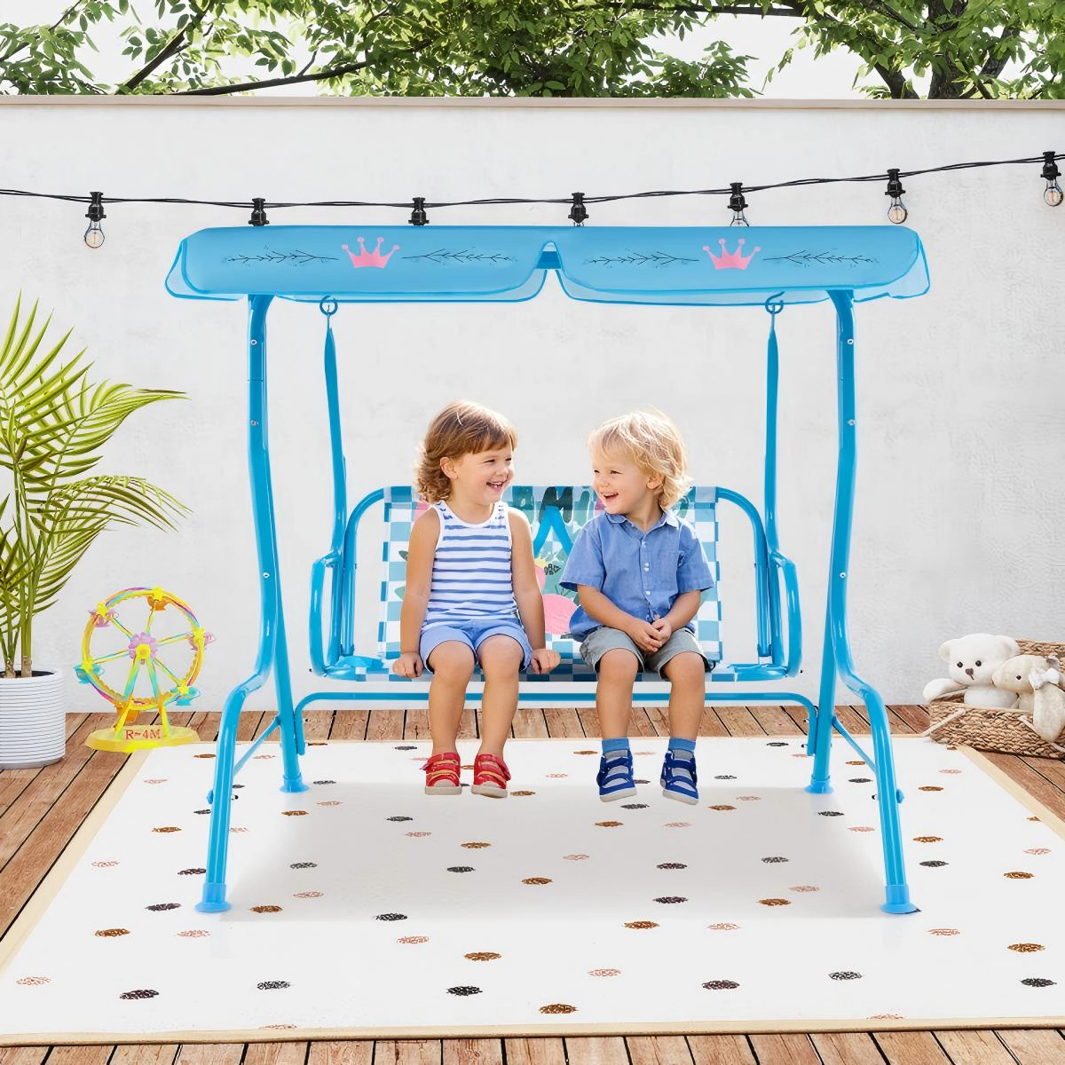 SUGIFT 2-Seat Kids Outdoor Swing with Metal Stand, Canopy and Safety Belts, Navy