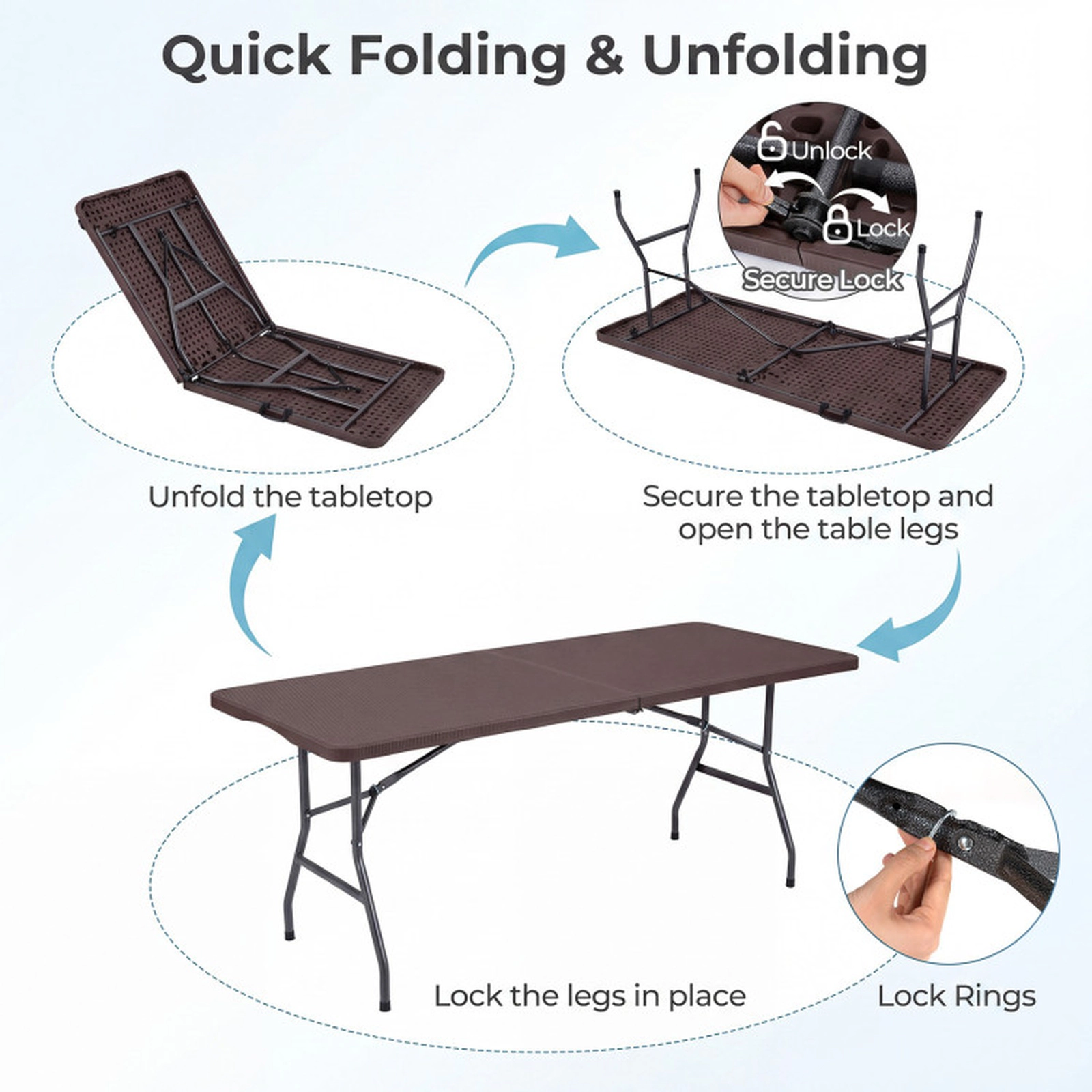 SUGIFT 71-in Fold-in-Half HDPE Camping Table 220-lb Capacity with Metal Legs Coffee Color 24-lb Net Weight