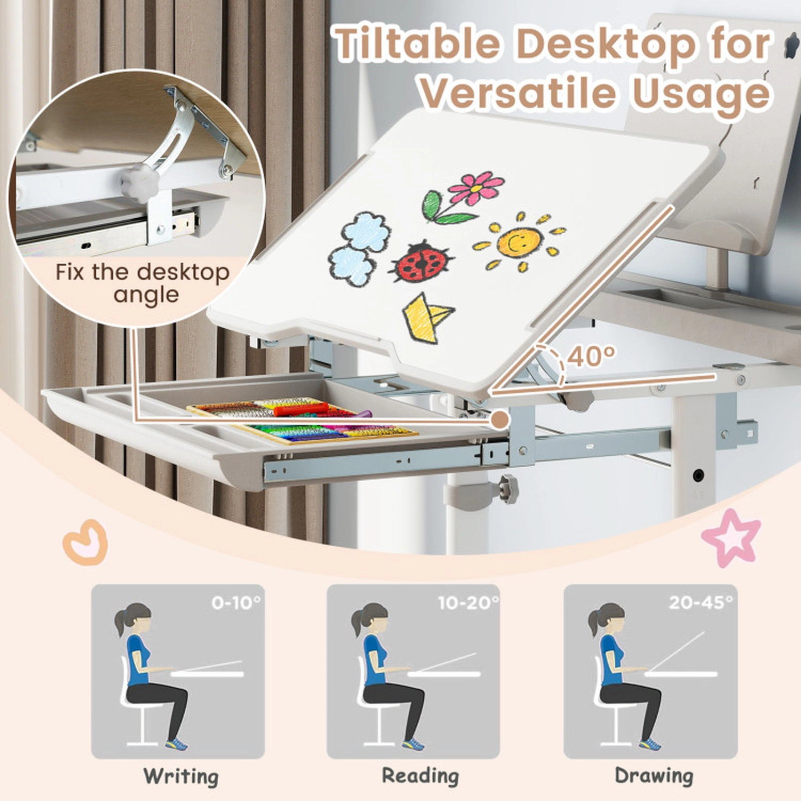 SUGIFT Gray Hand Crank Tilt Desktop and Book Stand Kids Study Desk and Chair Set