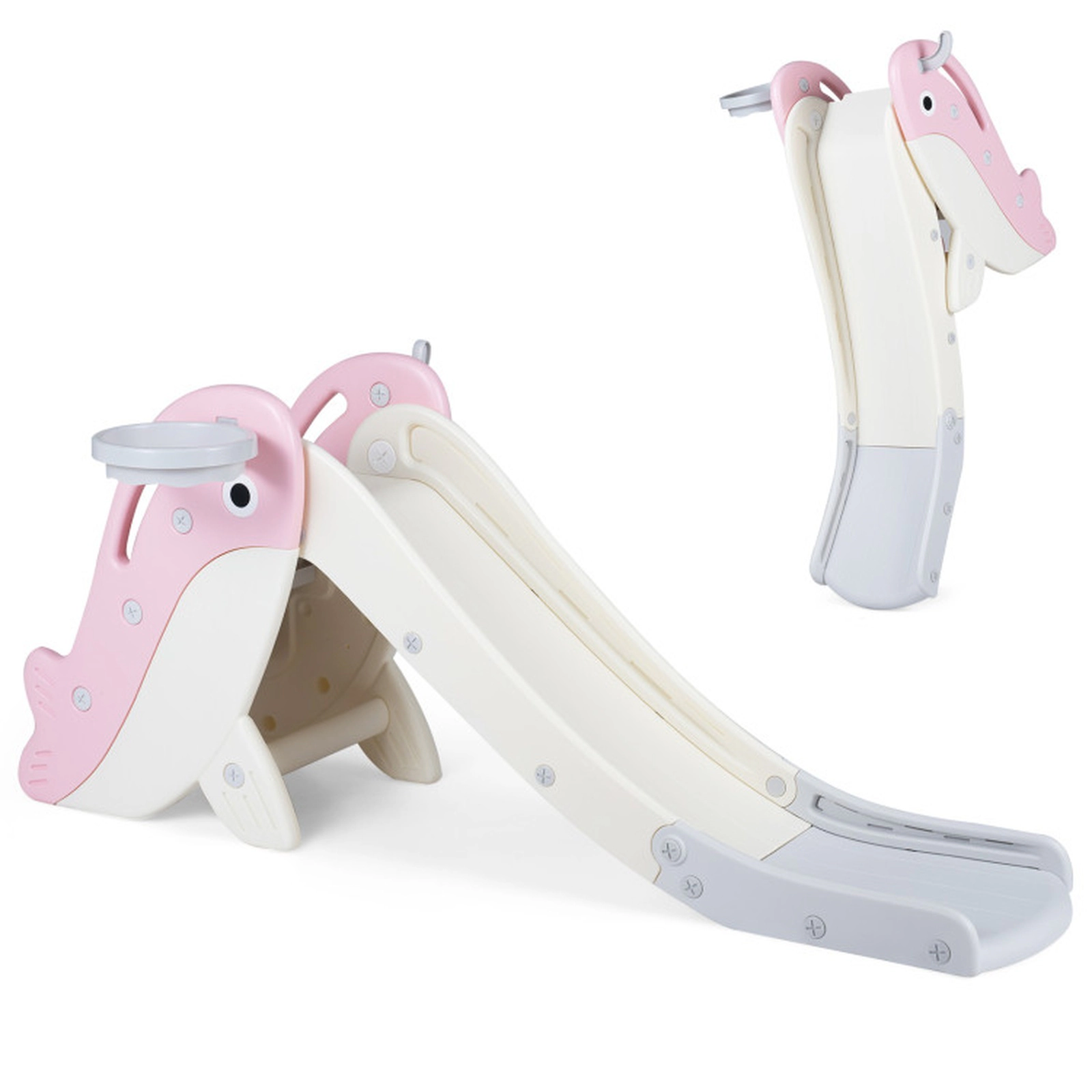SUGIFT Pink Basketball Hoop and Rings Foldable Freestanding Baby Slide Climber Playset