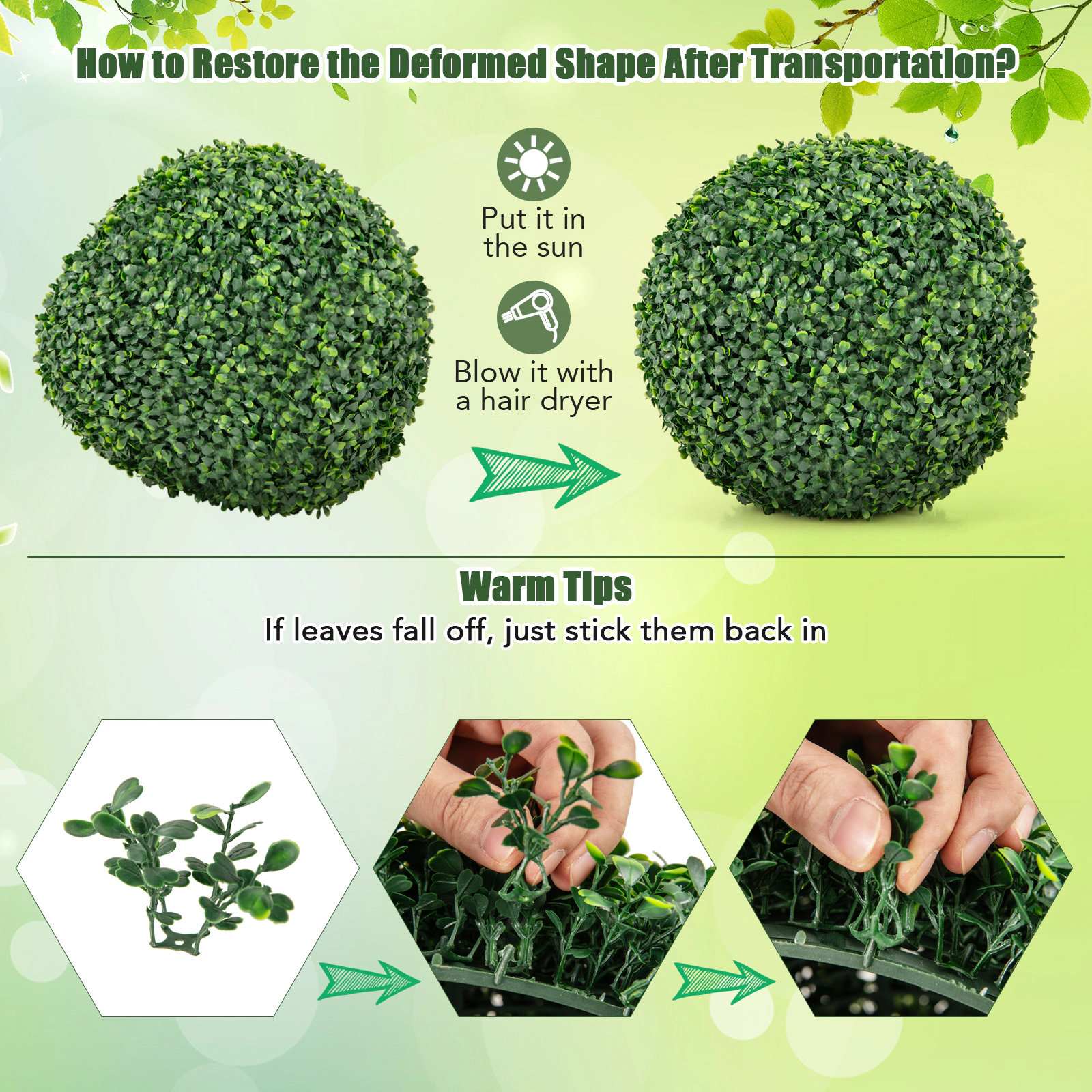 SUGIFT Set of 2 Interlocking Half Shell Artificial Boxwood Topiary Balls 16-in and 20-in Diameter 7-lb Green