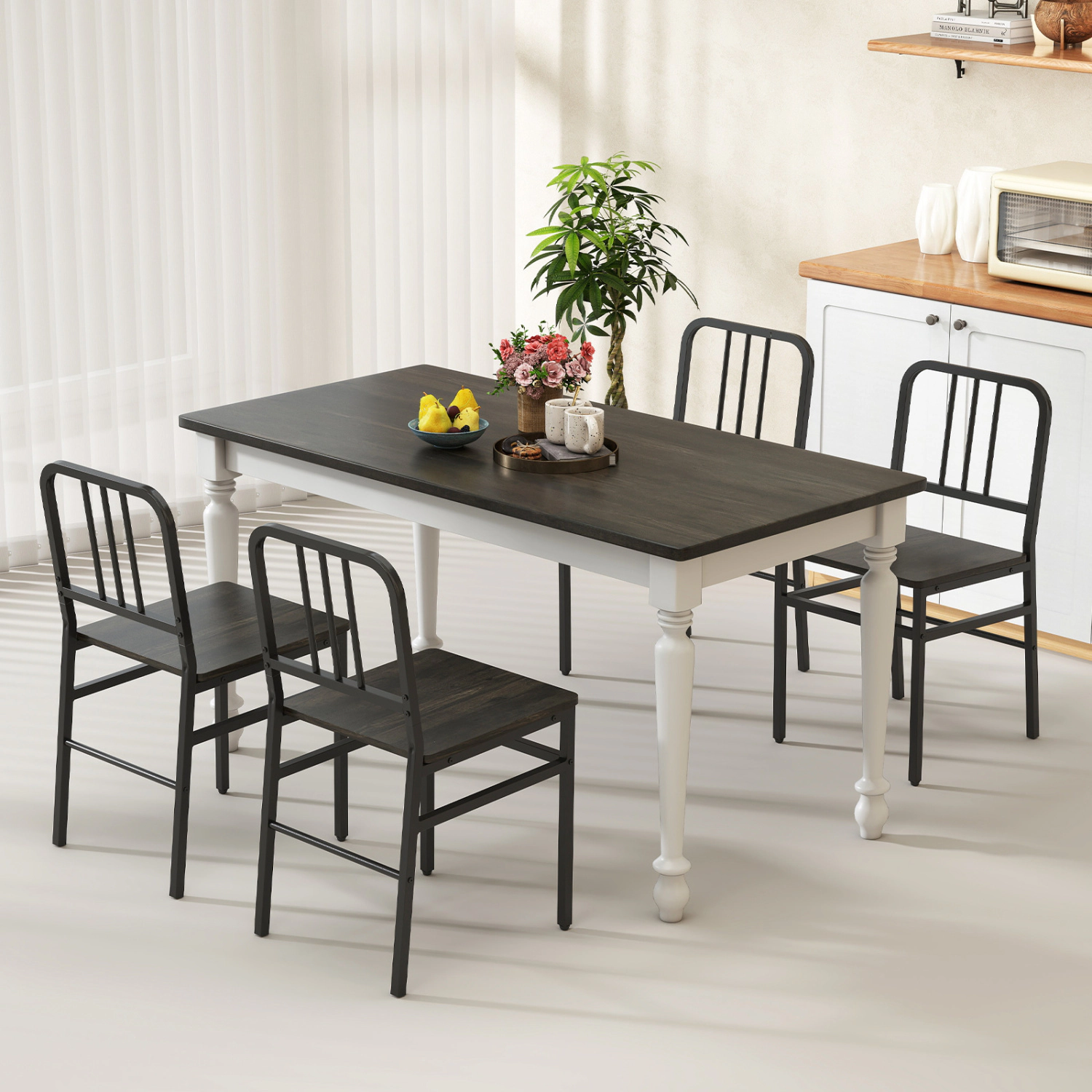 LJG Dining Chairs Set of 4 with Slatted Backrest & Metal Frame and Wooden Seat