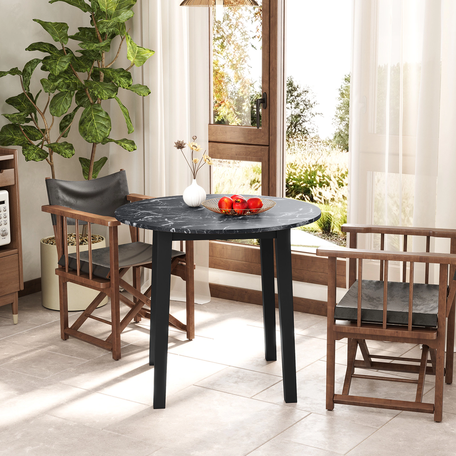 LJG 35 Inch Round Dining Table with Rubber Wood Legs and Marble-Textured Veneer Tabletop