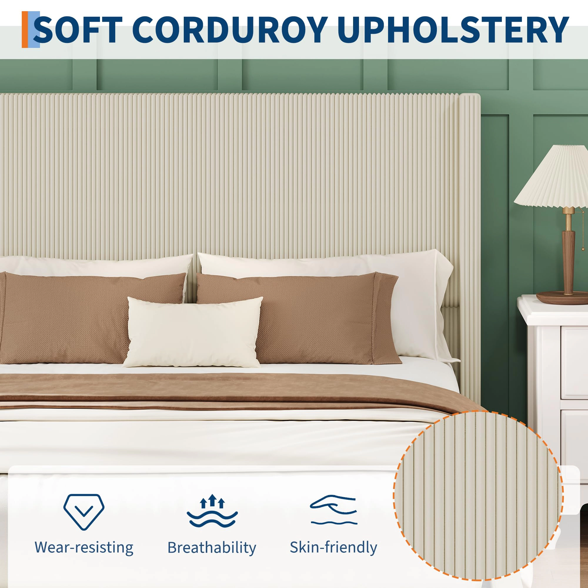 BebreezChic Corduroy Upholstered Bed Frame with Wingback Headboard & 4 Storage Drawers, No Box Spring