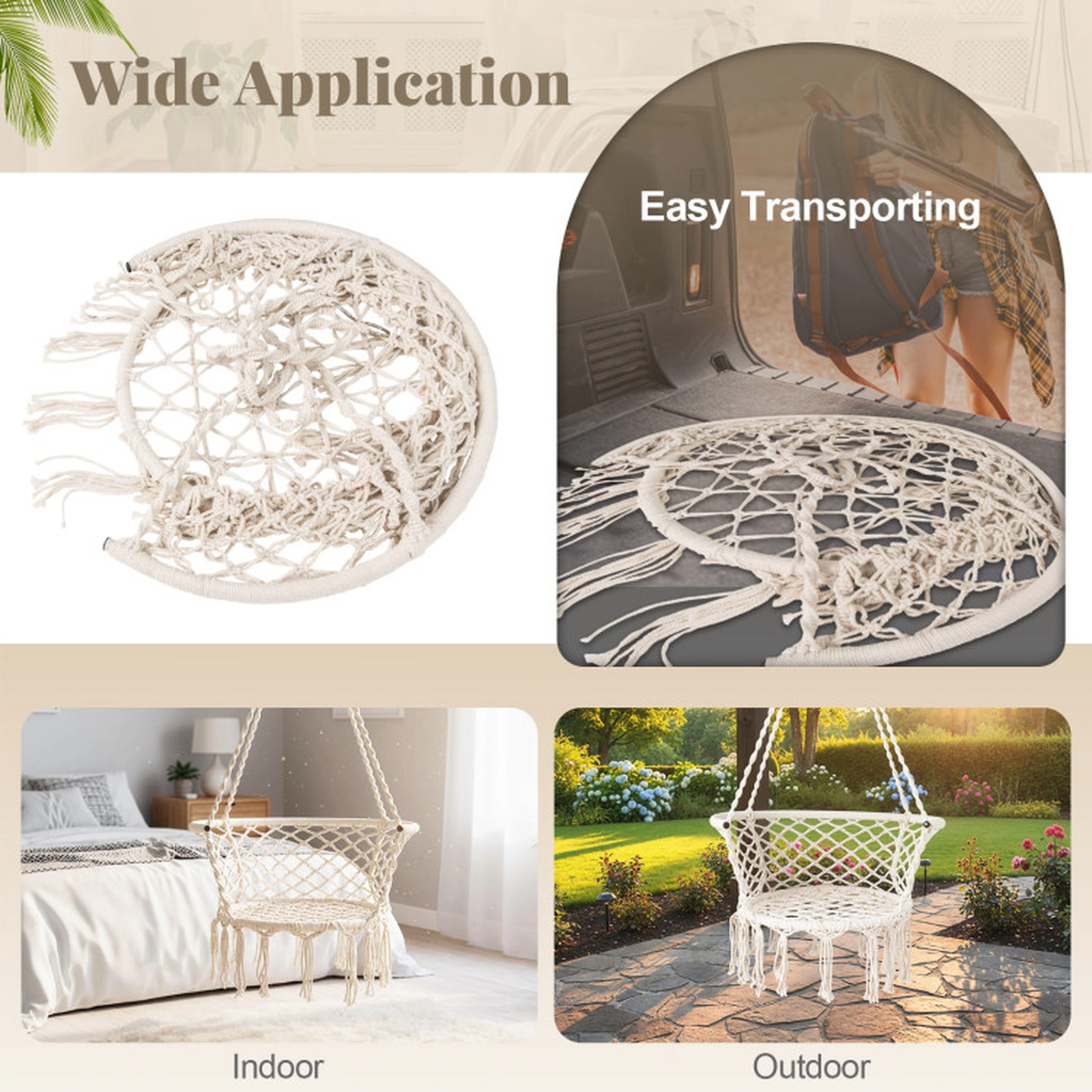 SUGIFT 350-lb Capacity Macrame Hanging Hammock Swing Chair with Cotton Rope and Elegant Fringe Trim