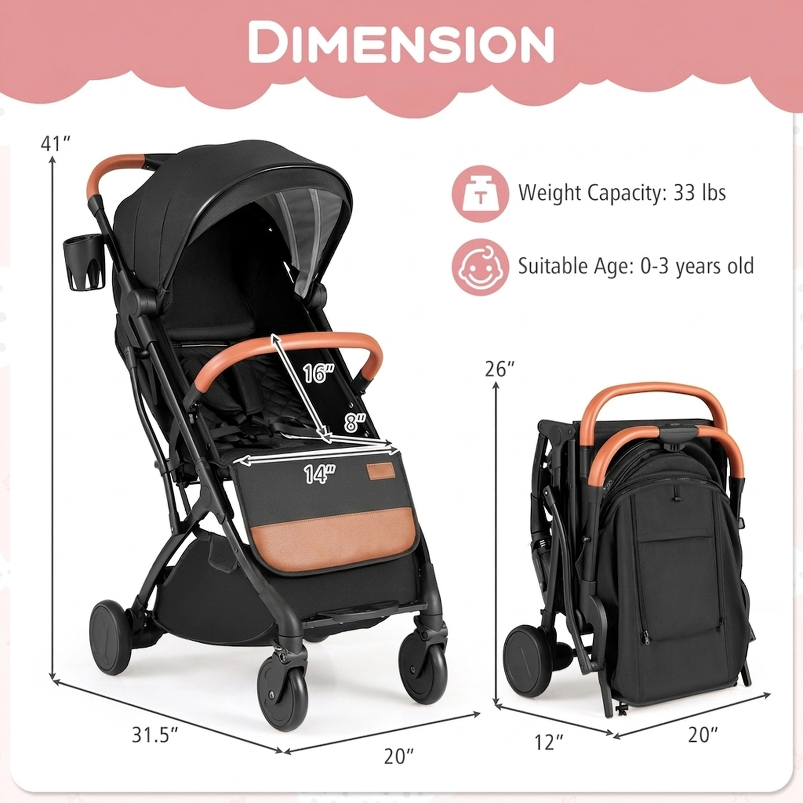 SUGIFT Baby Black Lightweight Travel Stroller with One-Hand Fold 31.5-in W 20-in D 41-in H 33-lb Seat Capacity
