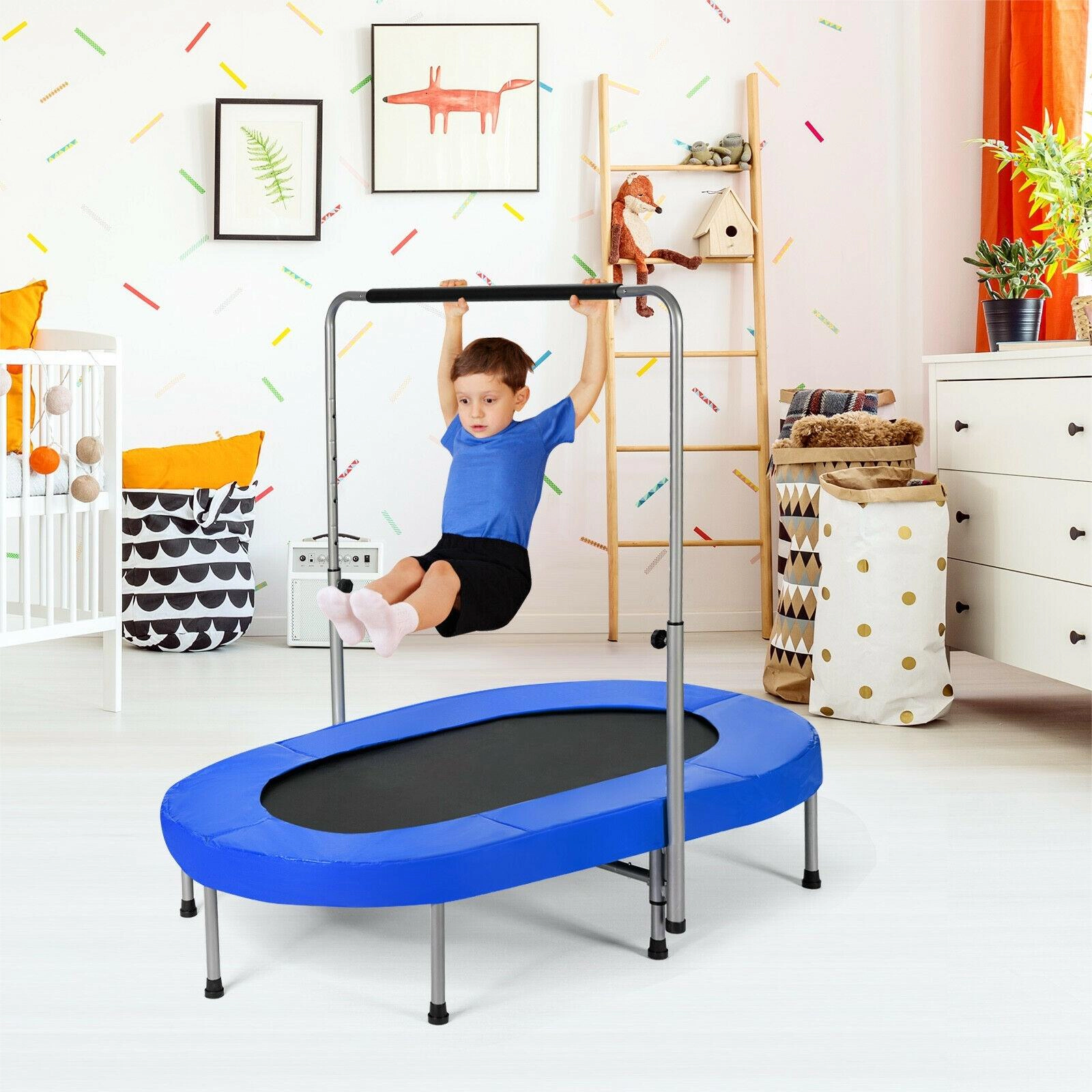 SUGIFT Height-Adjustable 2-Person Foldable Mini Kids Fitness Rebounder Trampoline 330-lb Capacity 59.5-in Wide Blue/Red