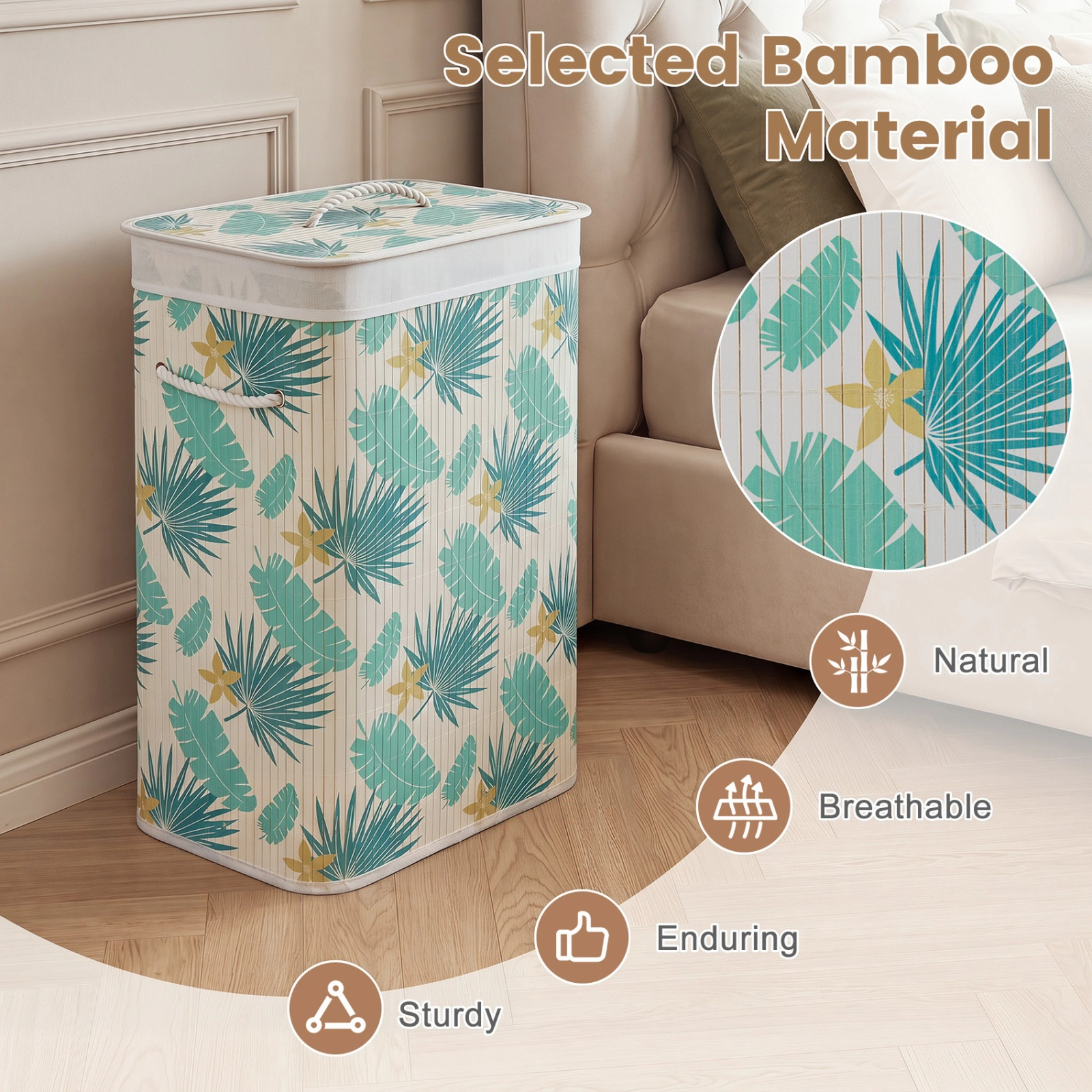 SUGIFT Bamboo Clothes Hamper with Removable Liner 33-lb Capacity Green and White Natural