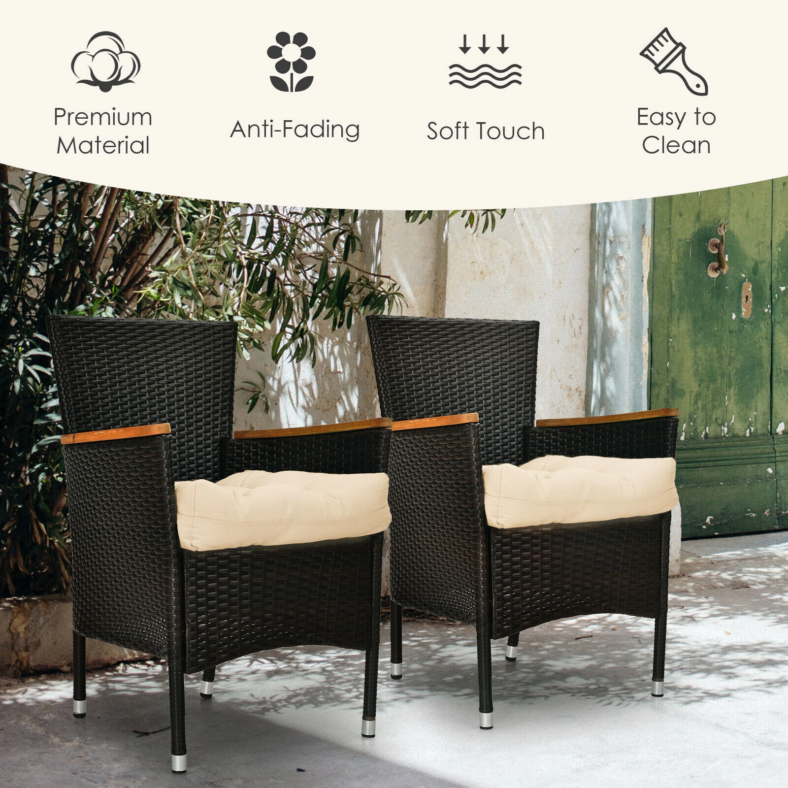 SUGIFT 2-Pack 21-in x 21-in Beige Waterproof Outdoor Patio Chair Seat Cushion Pads with Sun Protection