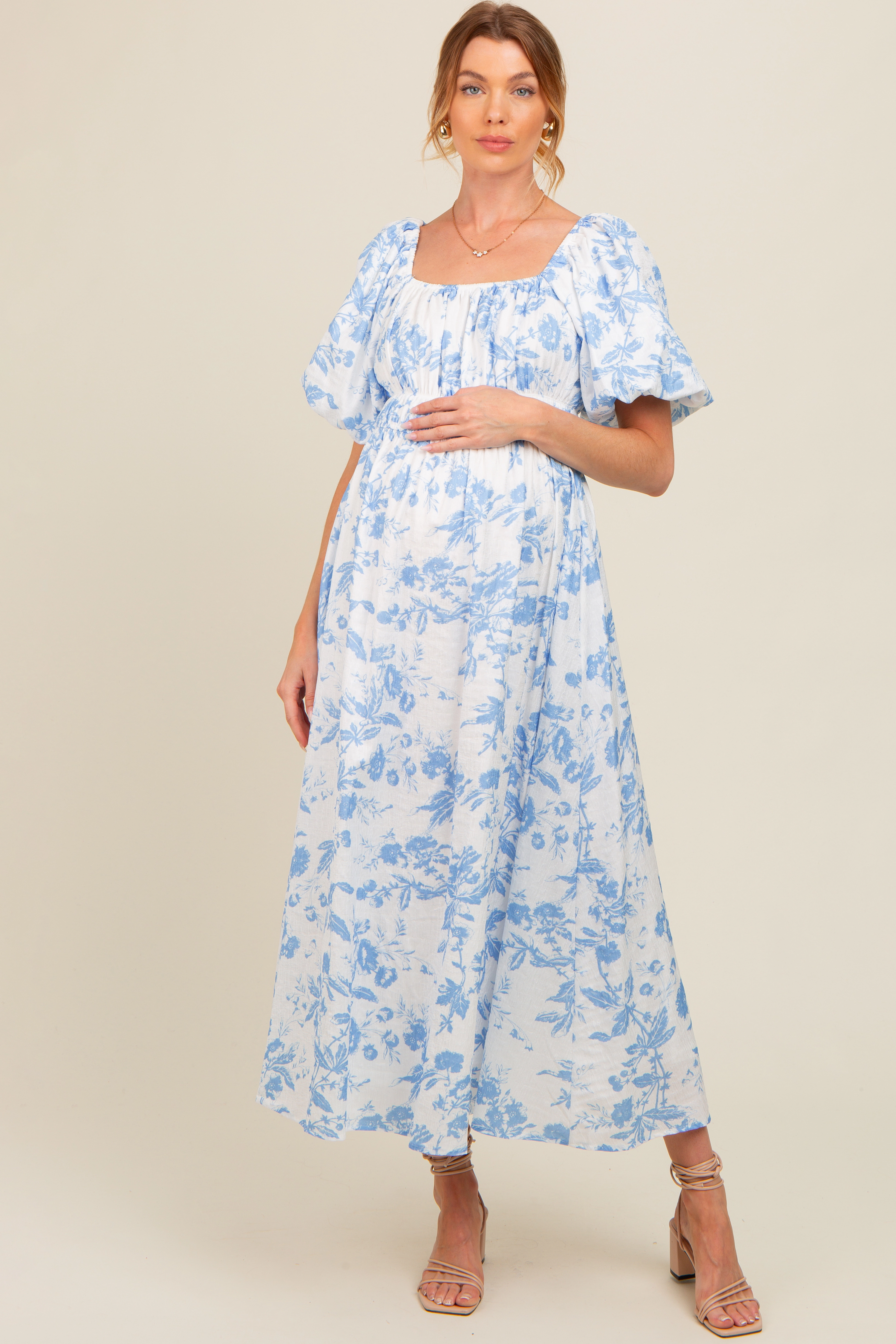 PinkBlush Womens Blue Floral Puff Sleeve Maternity Midi Dress