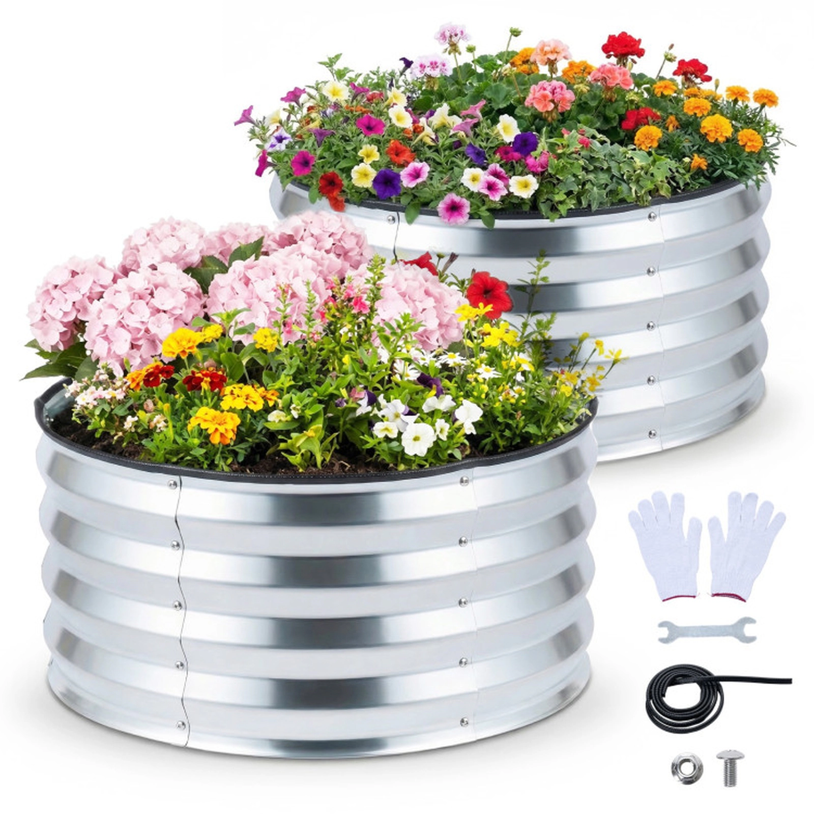 SUGIFT Corrugated Galvanized Round Raised Garden Bed Kit 24-in Wide Open-Ended Base Sliver 2-Pack