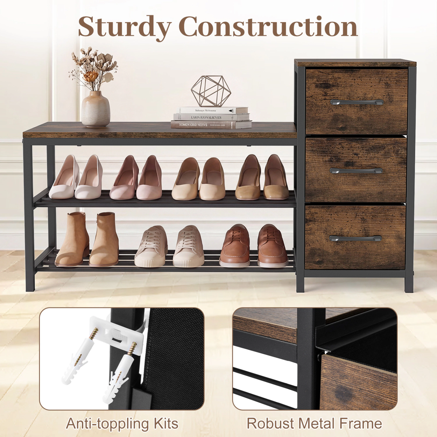 Glintex 3-Tier Industrial Shoe Bench with 3 Removable Fabric Drawers, Rustic Brown
