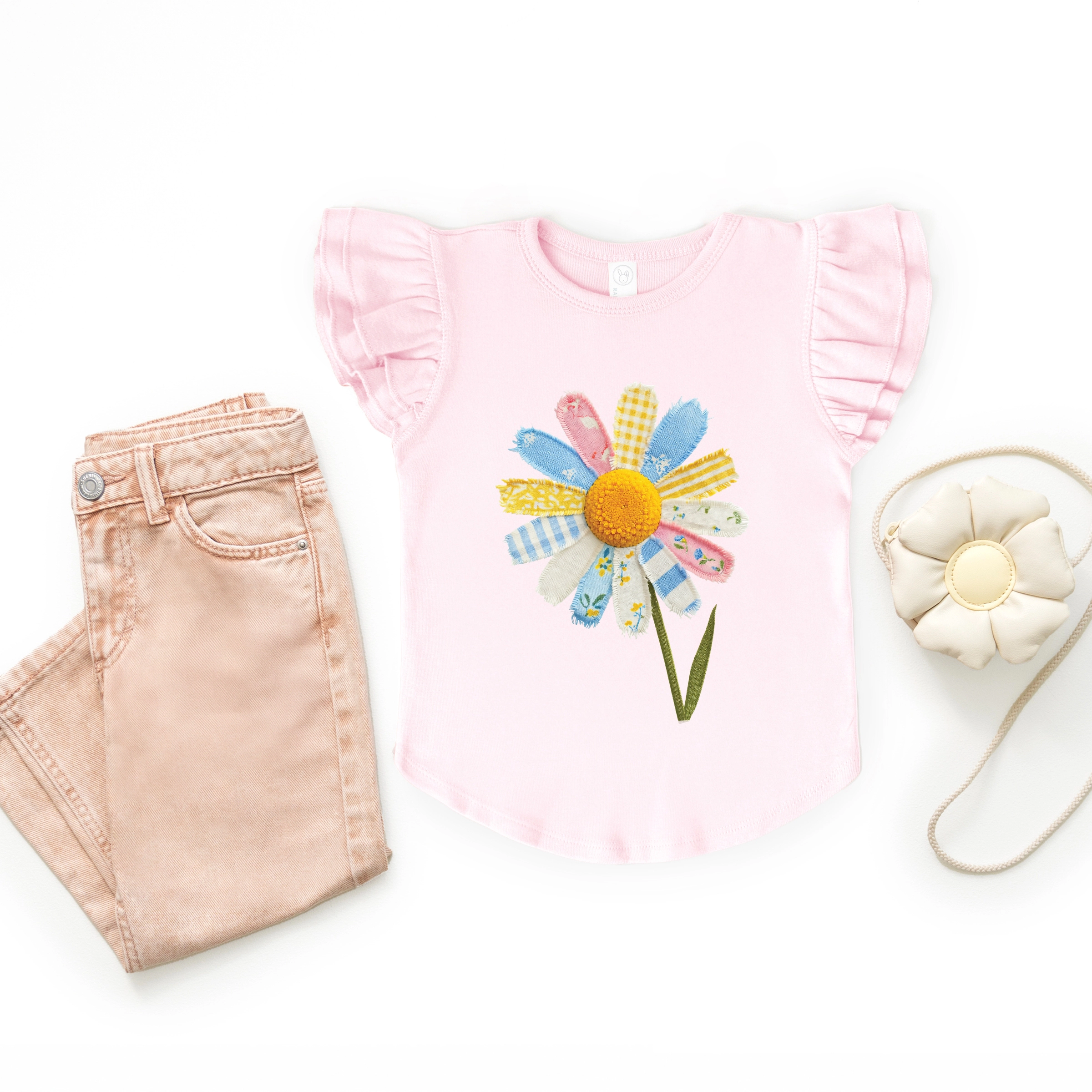 The Juniper Shop - Girl's Flutter Sleeve Graphic T-Shirt Daisy Faux Patchwork