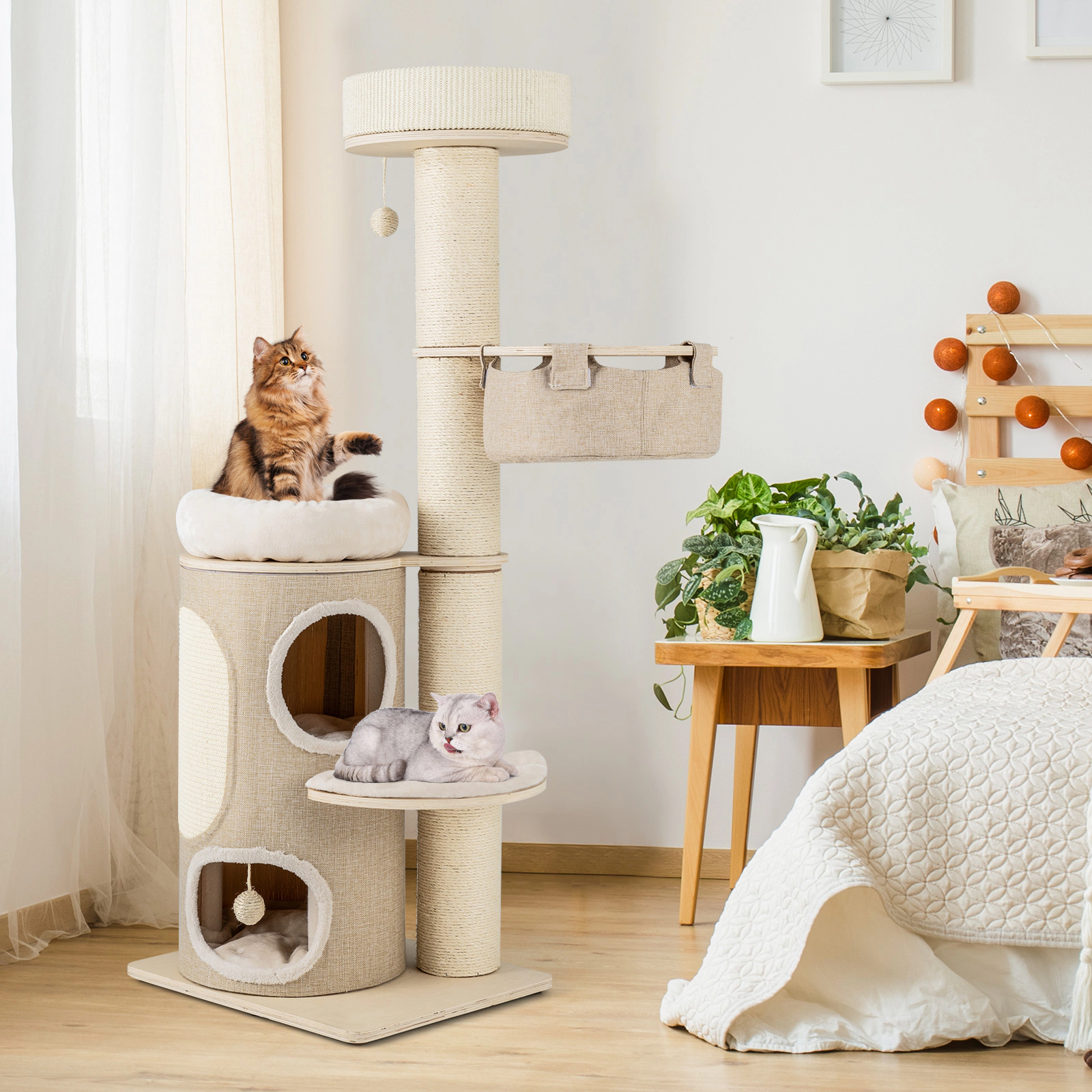 LJG 61 Inches Cat Tree for Indoor Cats with 2-Story Condo and Top Perch